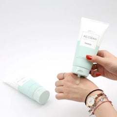 HEIMISH All Clean Green Foam Wash closeup-texture shows translucent gel foam delivering a soft, non-drying cleanse.