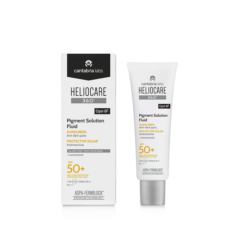Heliocare 360 Pigment Fluid bottle closeup highlighting lightweight hydration and SPF protection