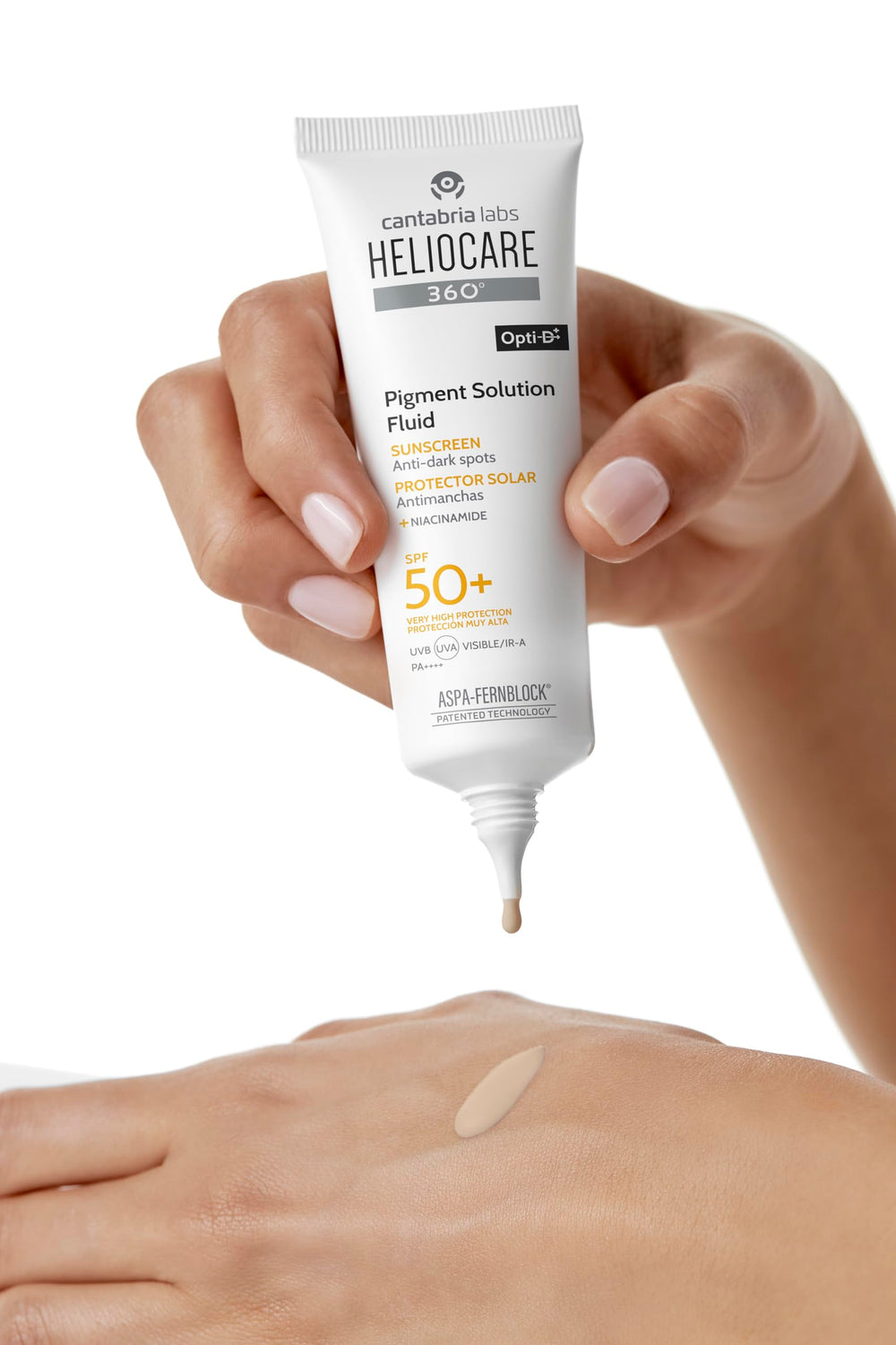 Heliocare 360 Pigment Fluid texture closeup highlights lightweight, hydrating feel