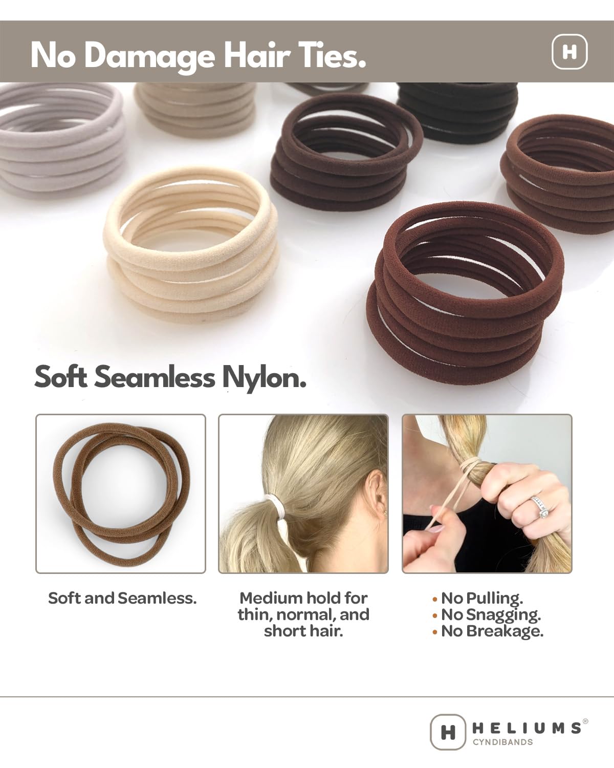 Heliums 18-pack brown hair ties for thin to normal hair with secure medium hold.