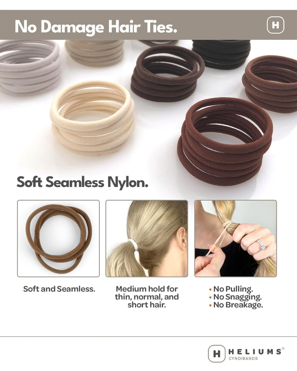 Heliums 18-pack brown hair ties for thin to normal hair with secure medium hold.
