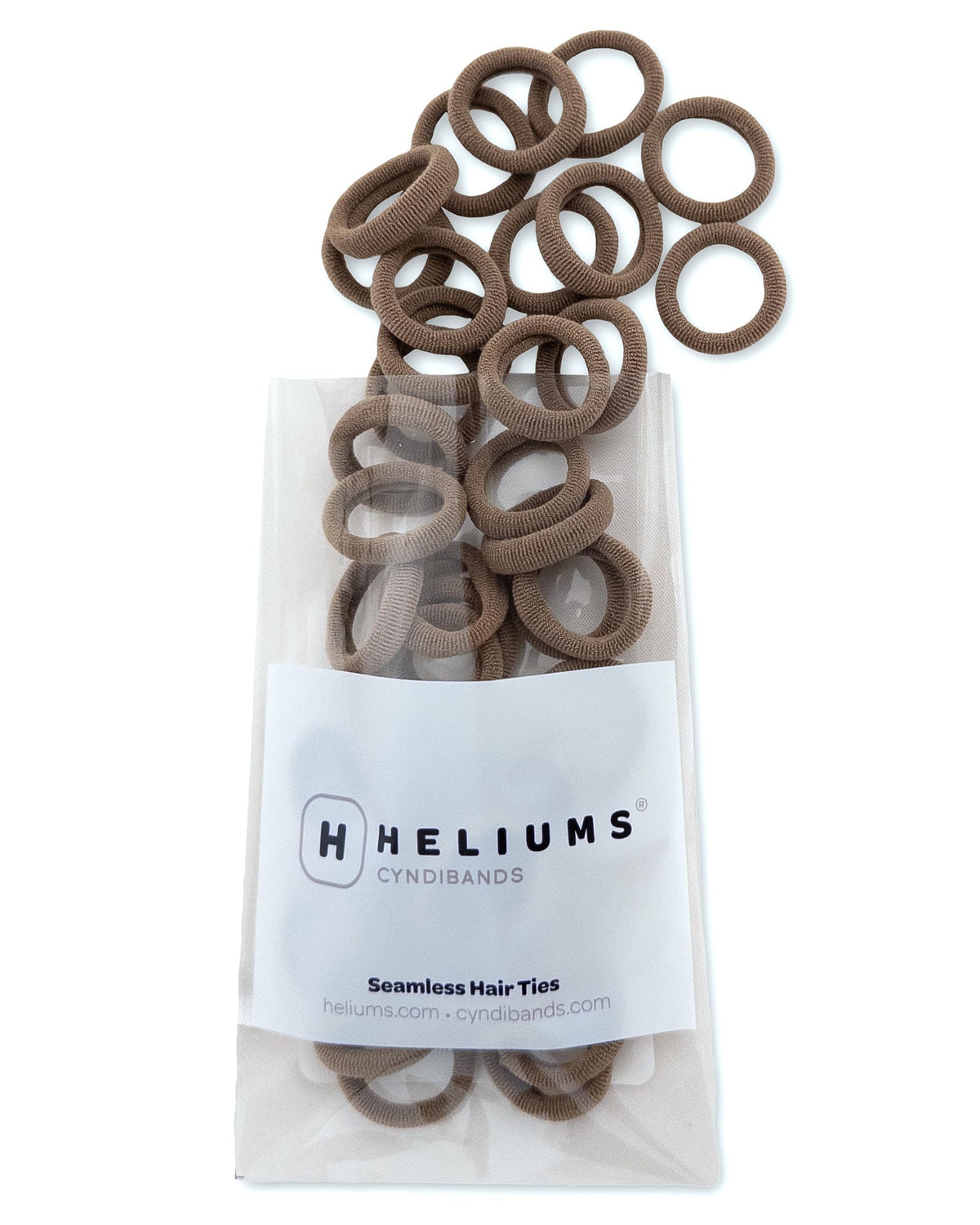 Heliums extra-small hair ties light brown close-up shows seamless design for delicate styles.