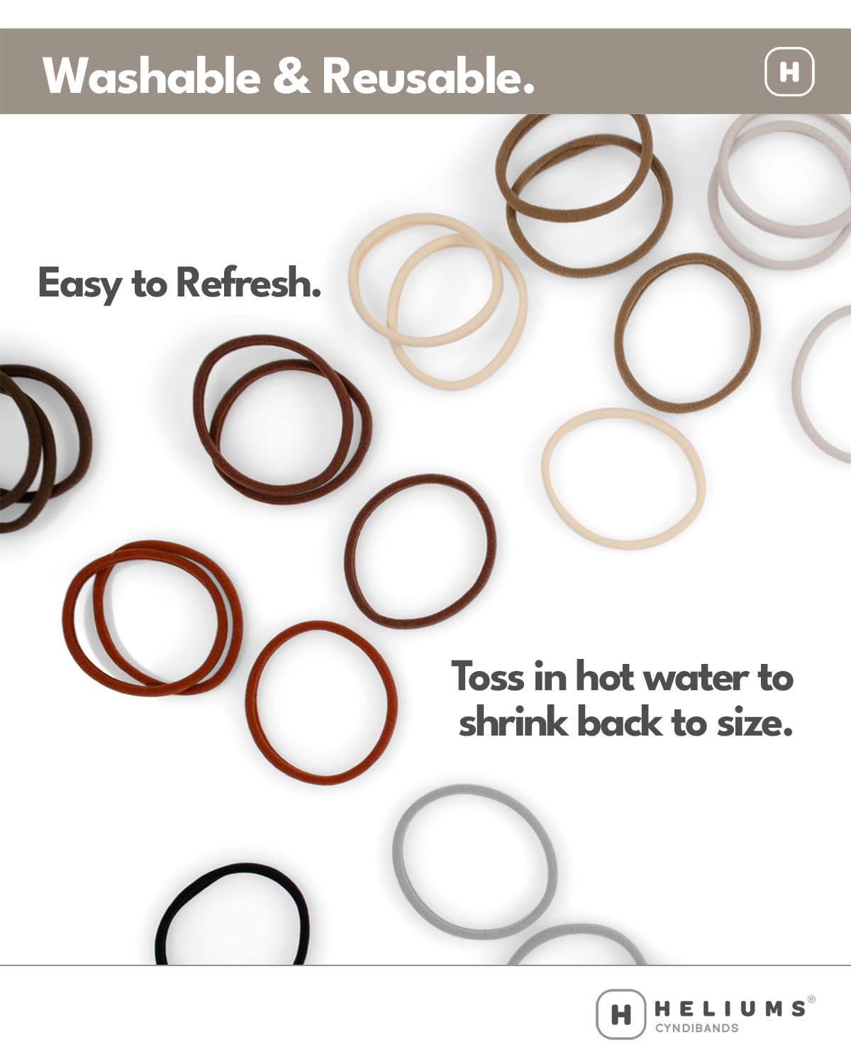 Heliums flat lay with assorted hair ties shows washable design for quick reset after washing.