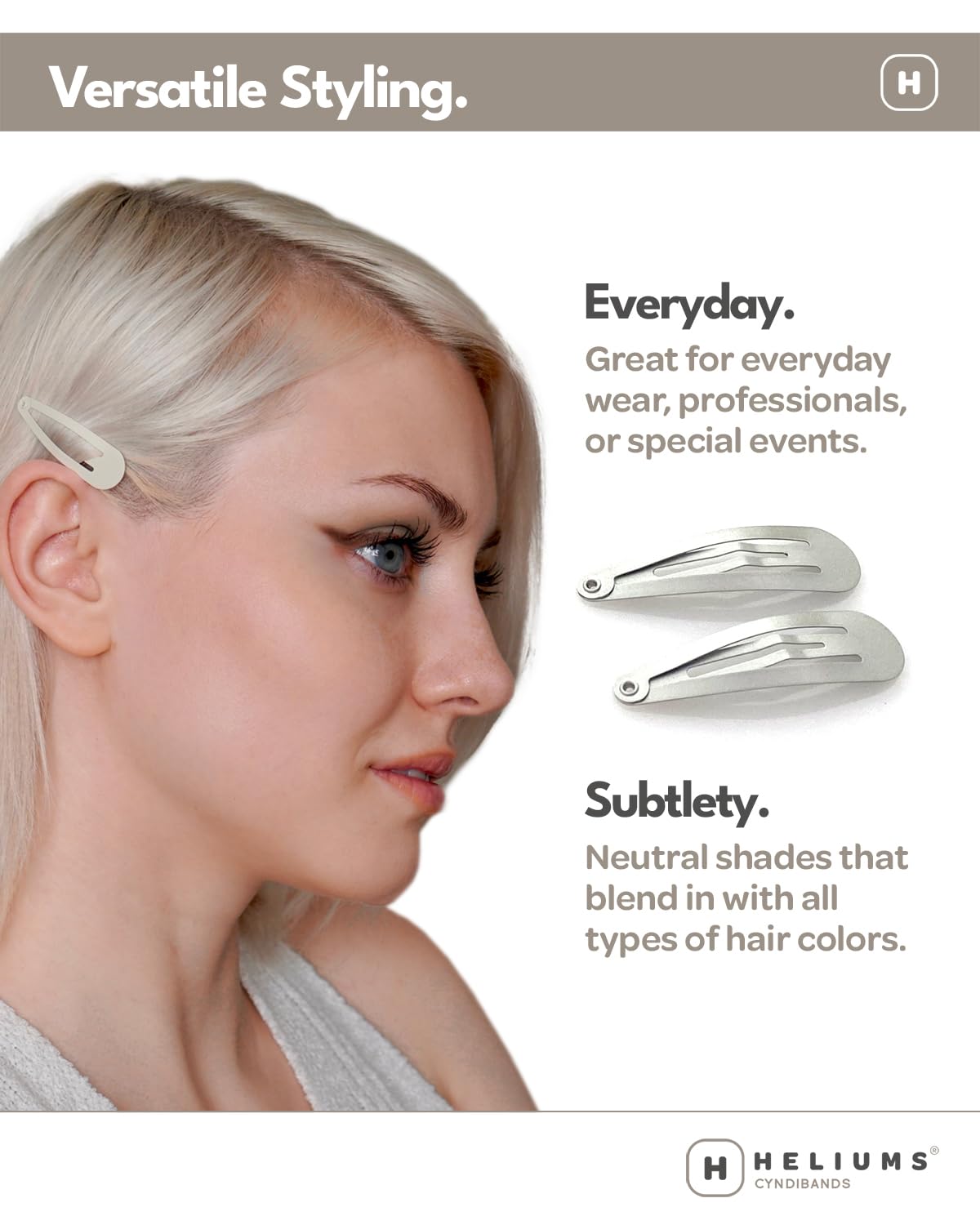 Heliums Snap Hair Clips come in 12 neutral colors to match any look.