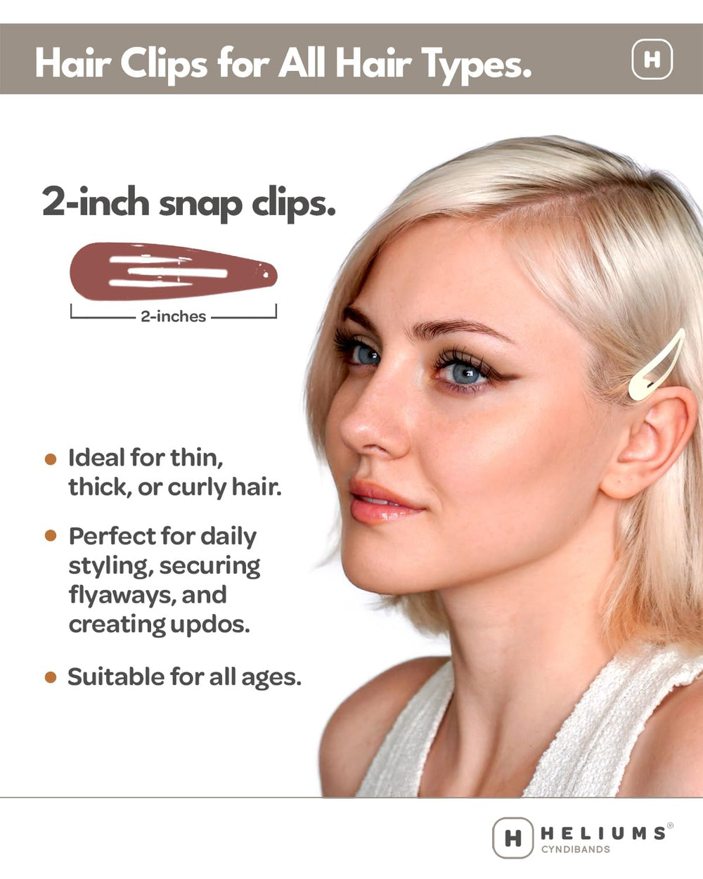 Heliums Snap Hair Clips 2in daily-styling closeup, versatile neutral shade blending with hair tones.