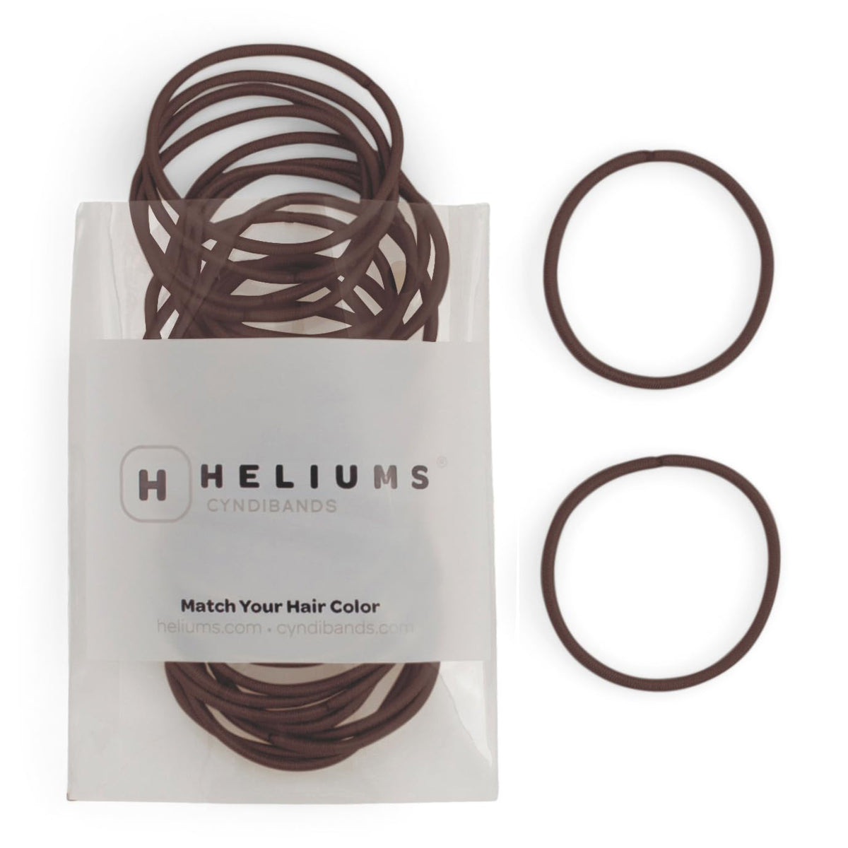 Heliums thin hair elastics dark brown 2mm closeup show gentle grip without snagging delicate hair.