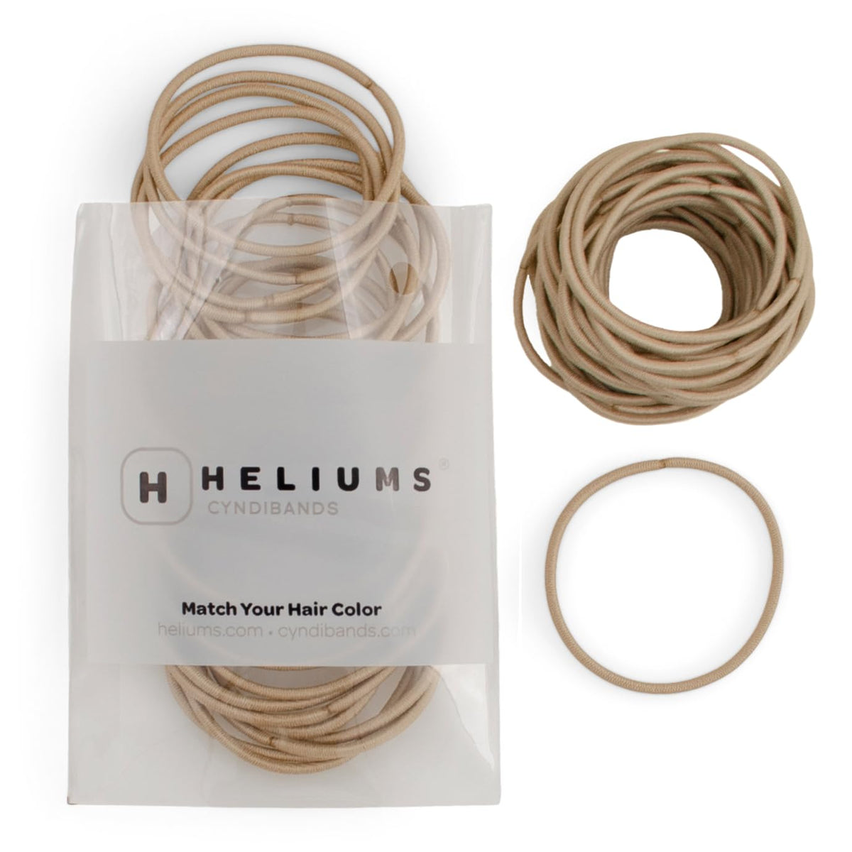 Heliums thin hair elastics sandy blonde packaging shows natural blending for daily wear.
