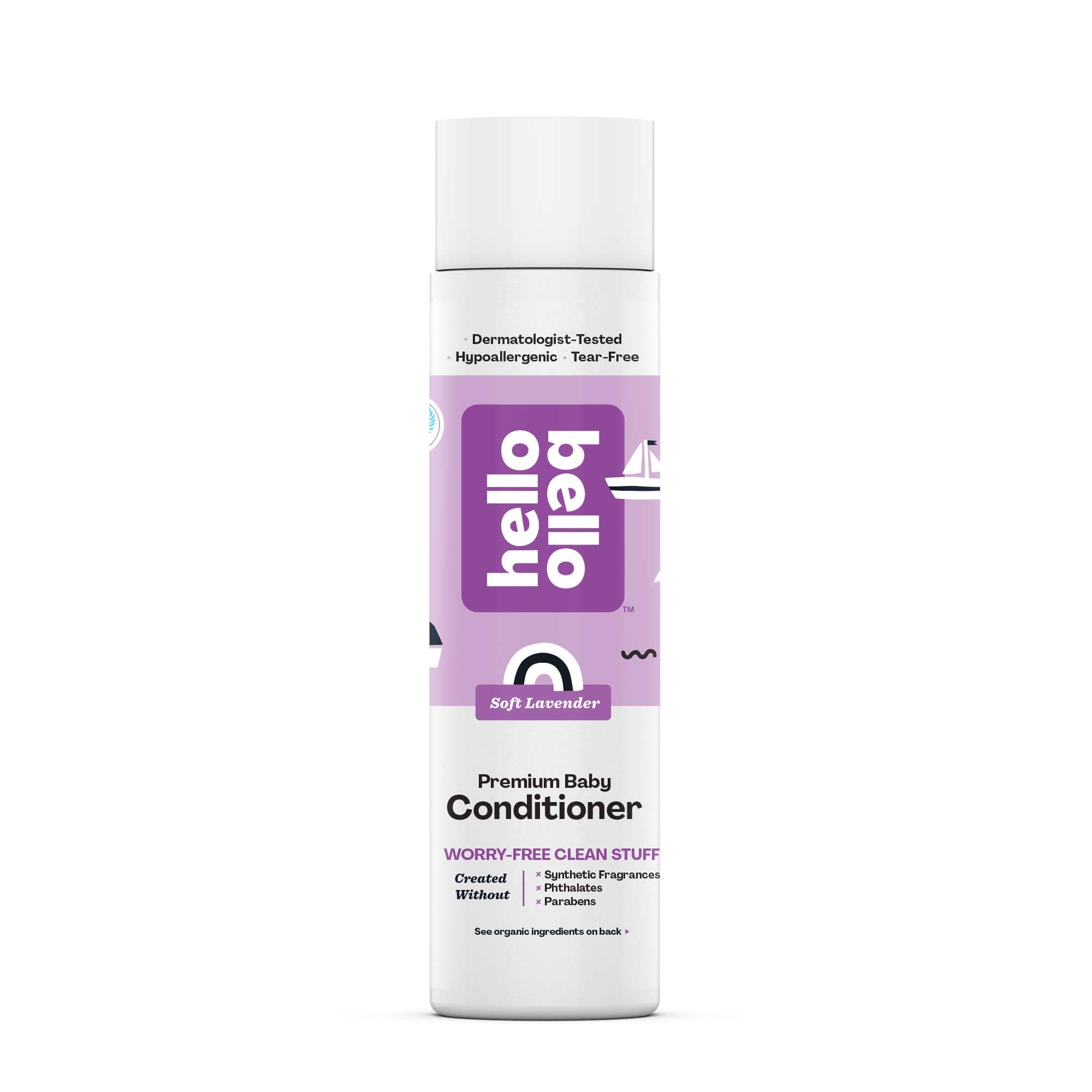 Hello Bello Soft Lavender Conditioner bottle shows gentle plant-based formula for kids.