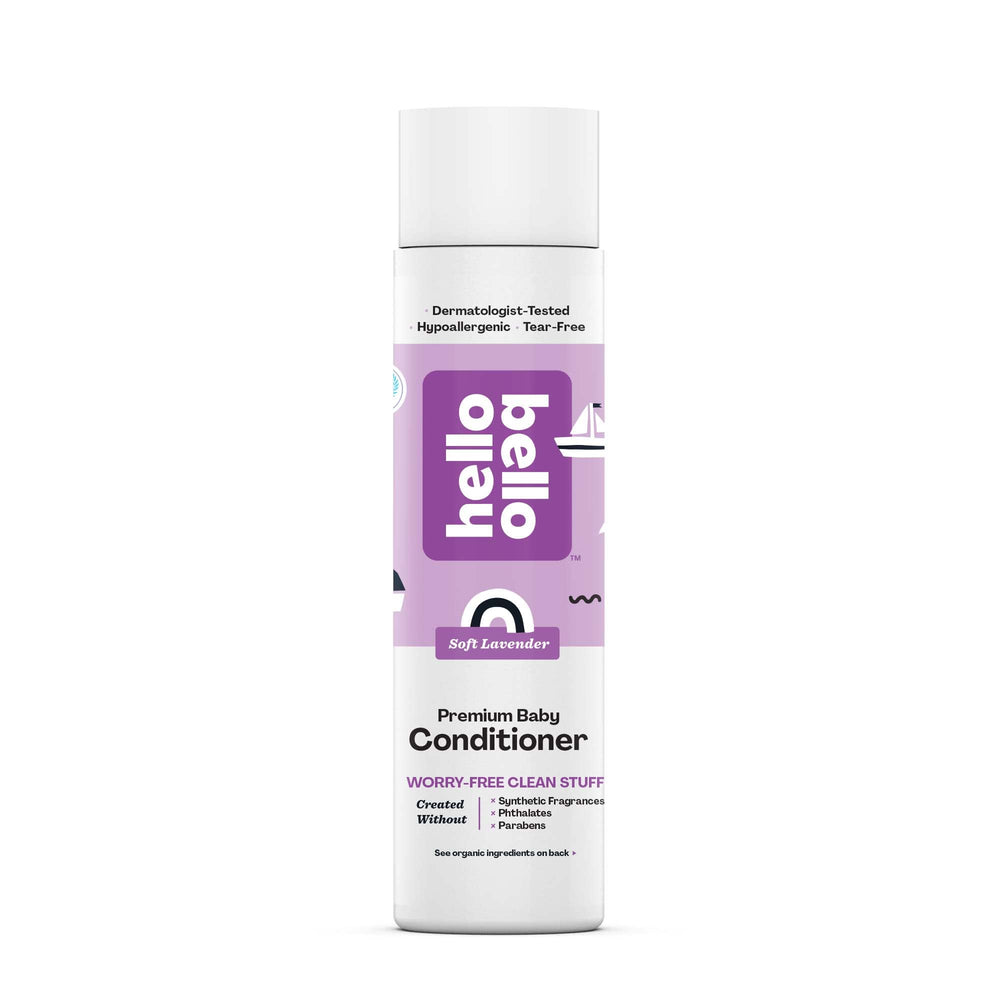 Hello Bello Soft Lavender Conditioner bottle shows gentle plant-based formula for kids.