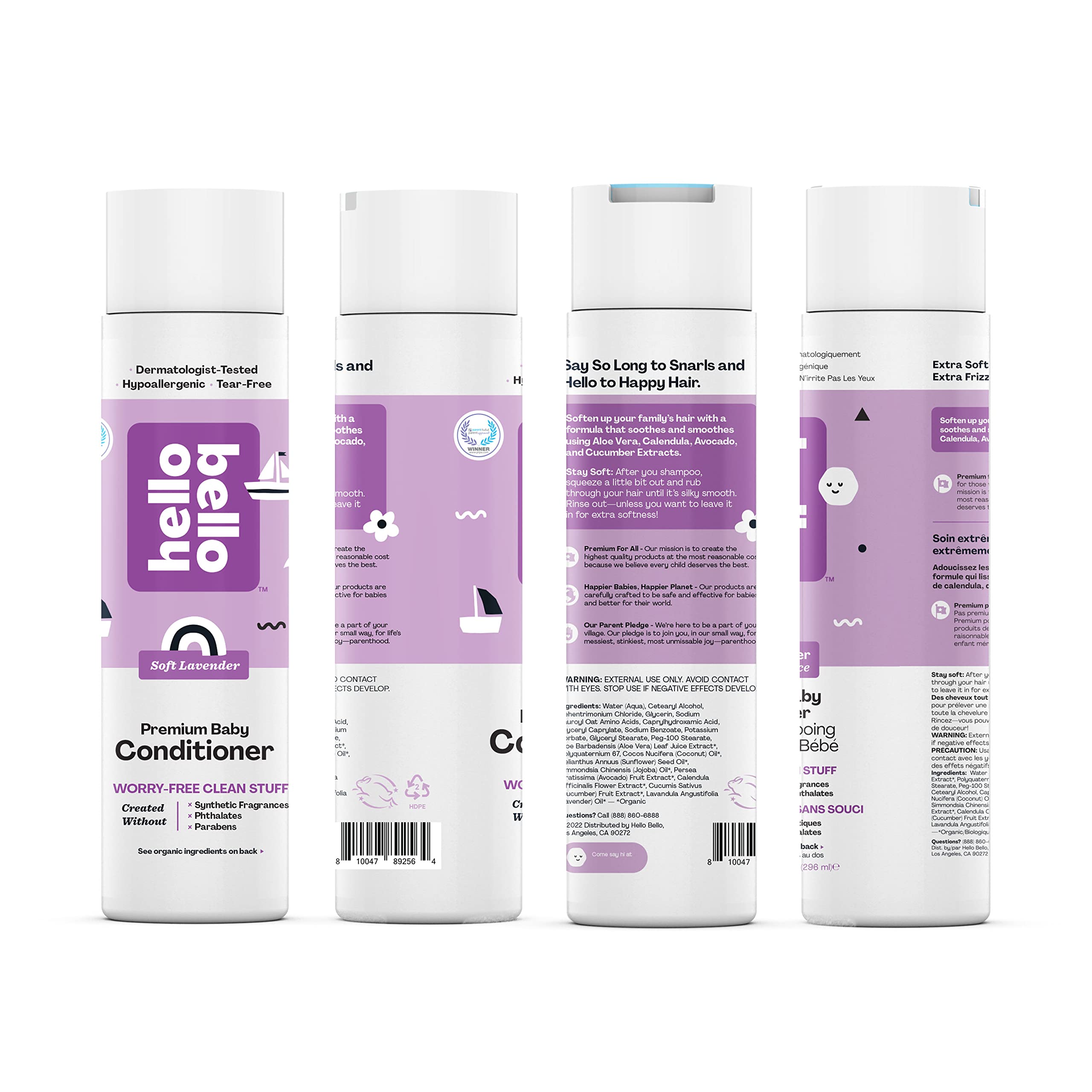 Hello Bello soft lavender bottle emphasizes scent from natural essential oil for calming routines.