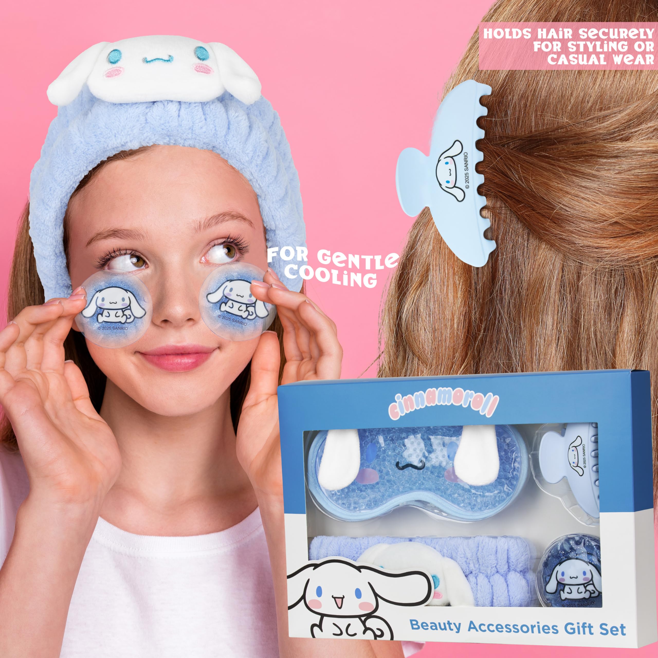 Hello Kitty Cinnamoroll plush headband keeps hair away during skincare.