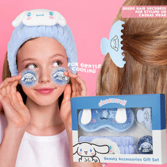 Hello Kitty Cinnamoroll plush headband keeps hair away during skincare.