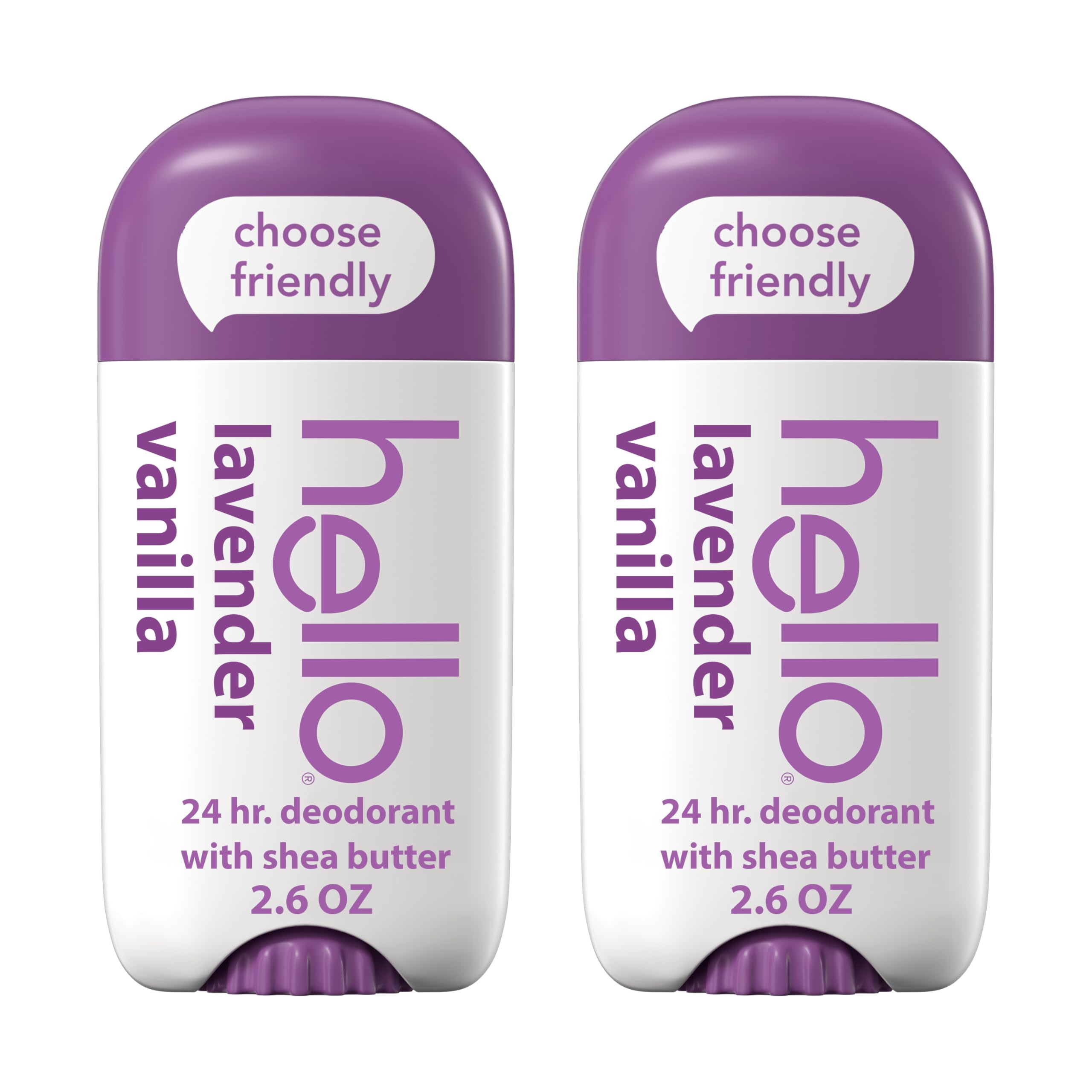 Hello Lavender Vanilla deodorant stick, two-pack, aluminum-free protection for daily freshness.