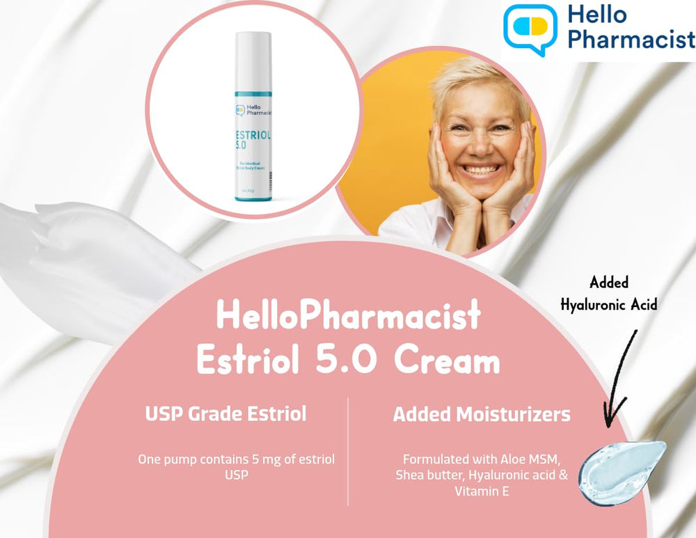 HelloPharmacist estriol 5.0 packaging on shelf signals trusted menopause skincare