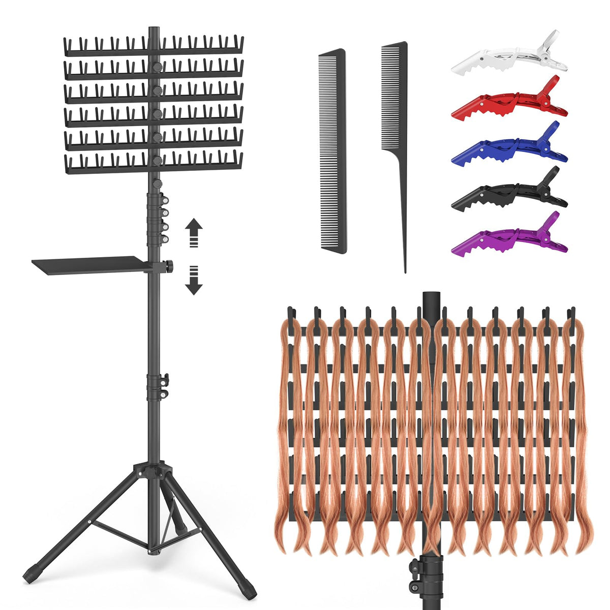Hemndic braiding hair rack with tray keeps tools within reach during braiding