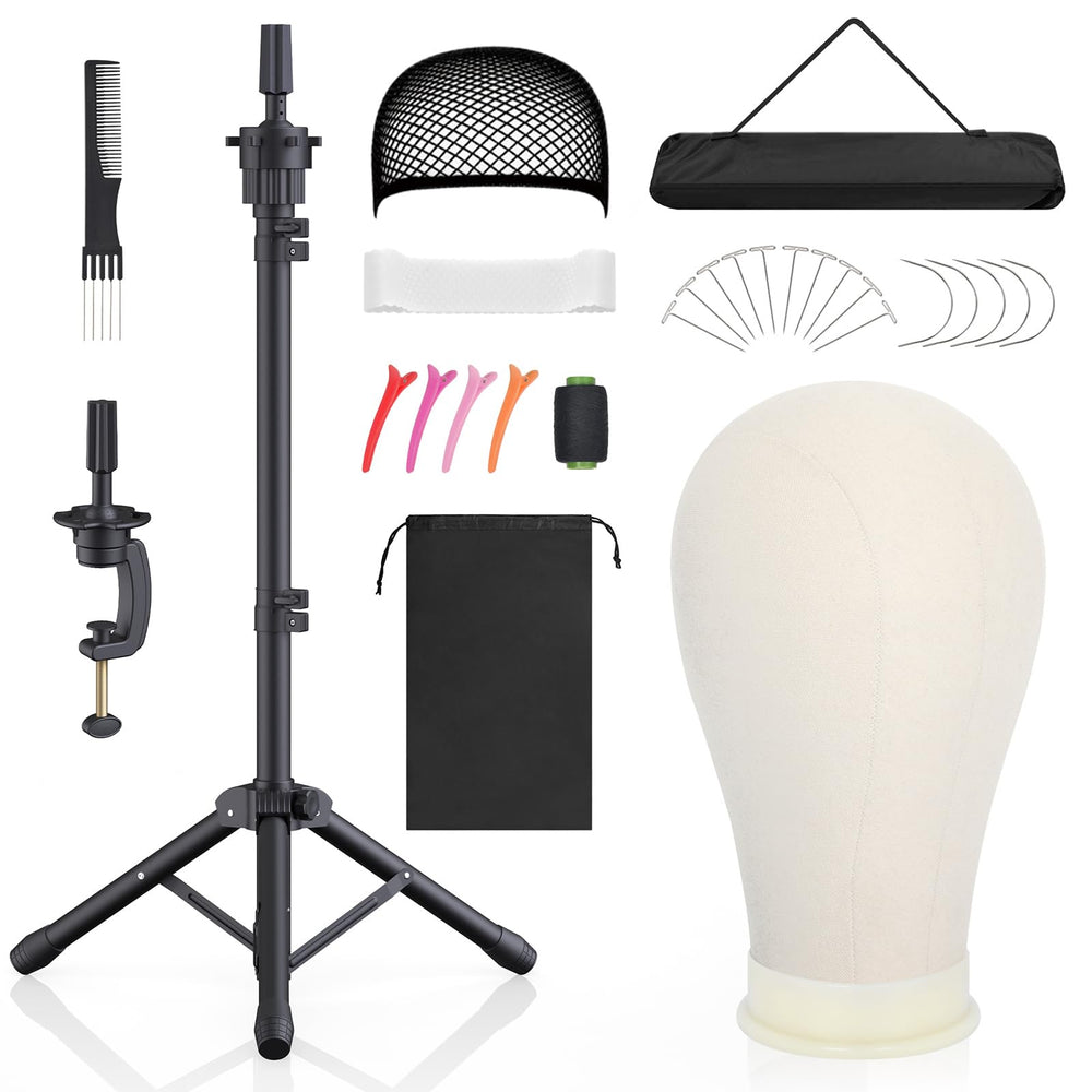 Hemndic wig stand head canvas shows sturdy foam head for secure wig fitting.