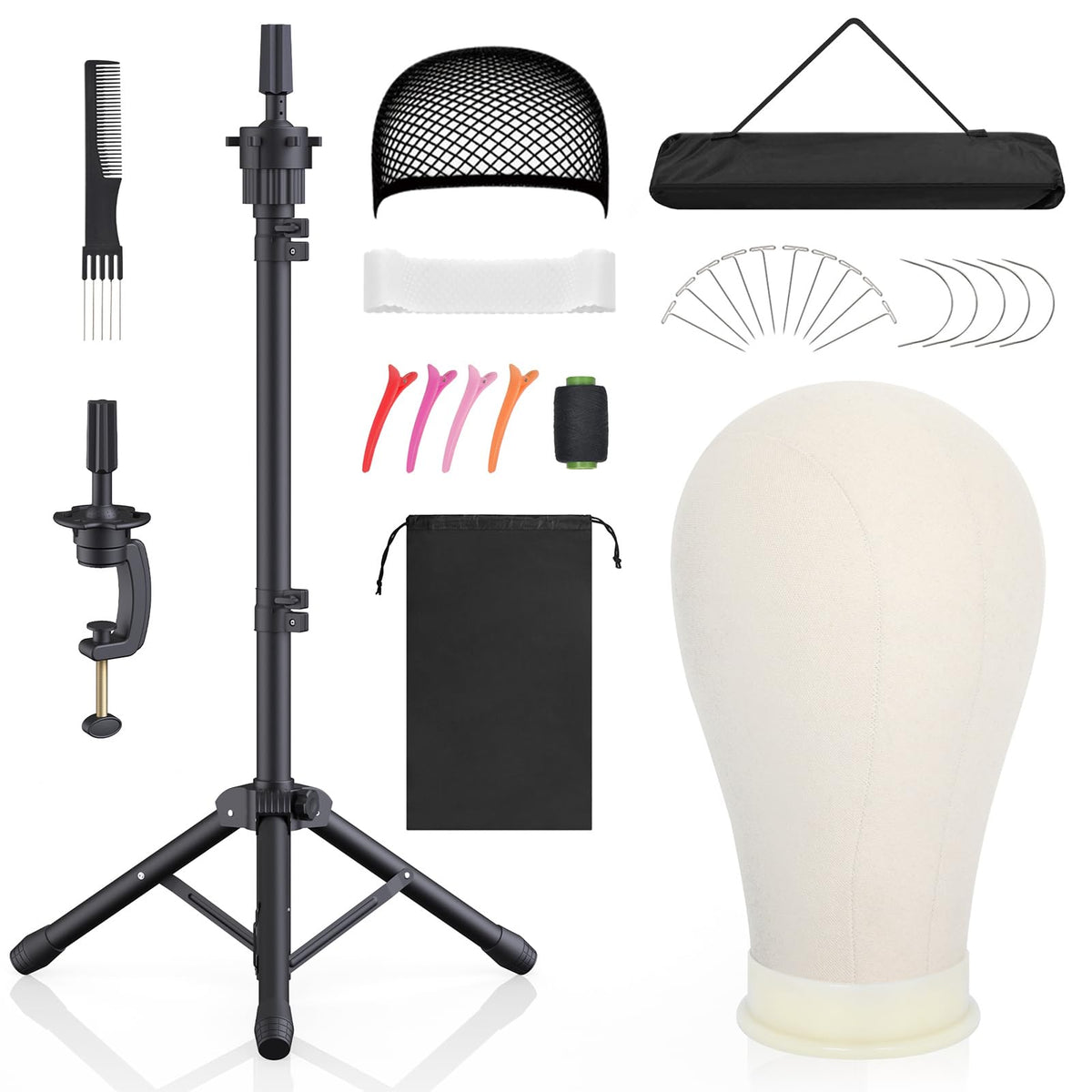 Hemndic wig stand head canvas shows sturdy foam head for secure wig fitting.