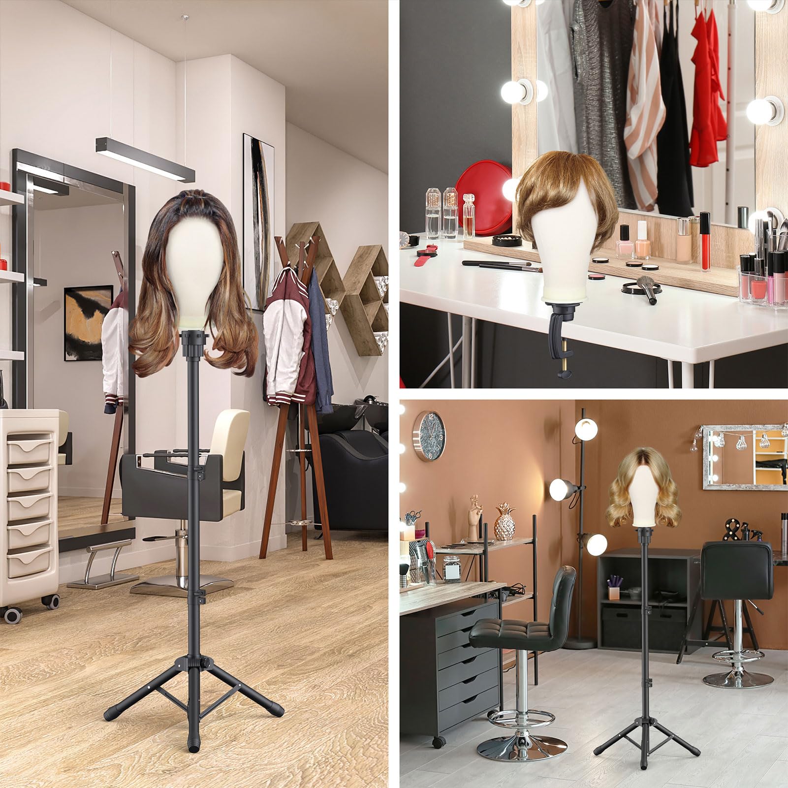 Hemndic non-slip strap secures wig head during styling.