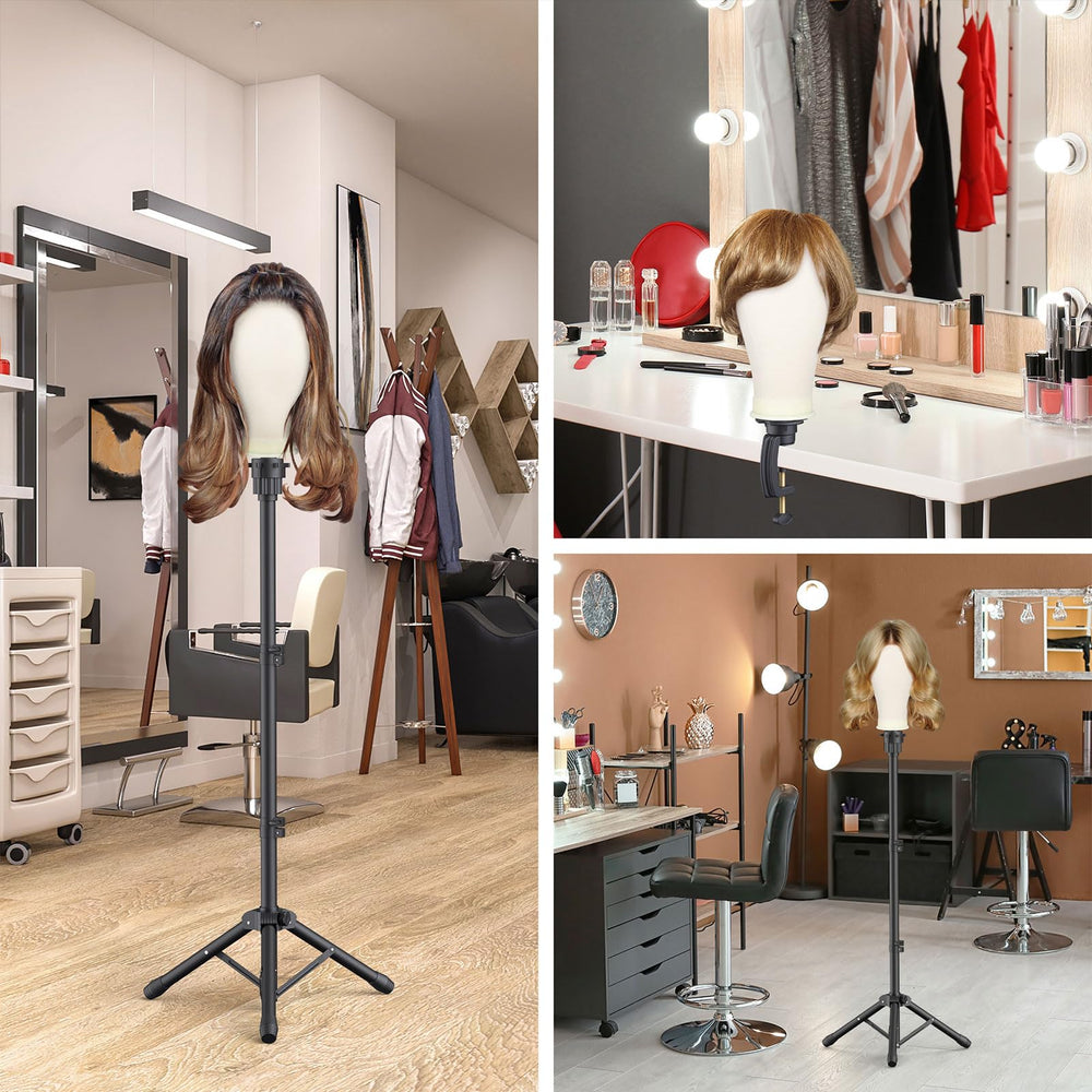 Hemndic non-slip strap secures wig head during styling.