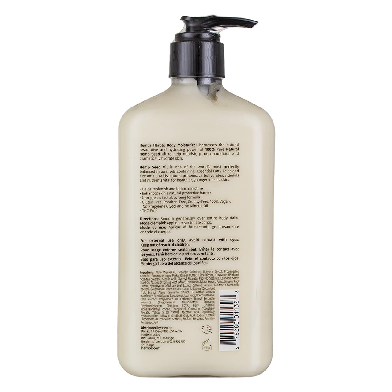 Hempz Age Defying Body Moisturizer bottle back showing hemp seed oil ingredients for nourishment