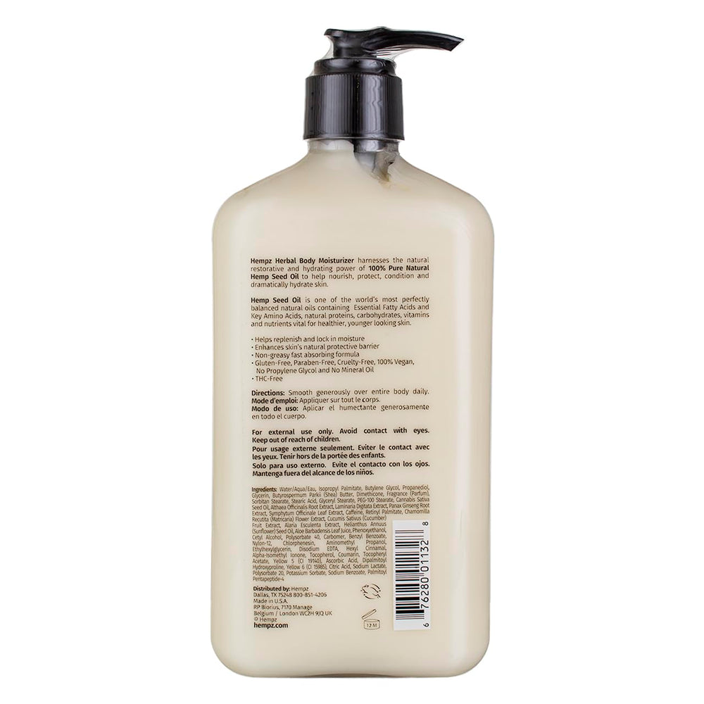 Hempz Age Defying Body Moisturizer bottle back showing hemp seed oil ingredients for nourishment
