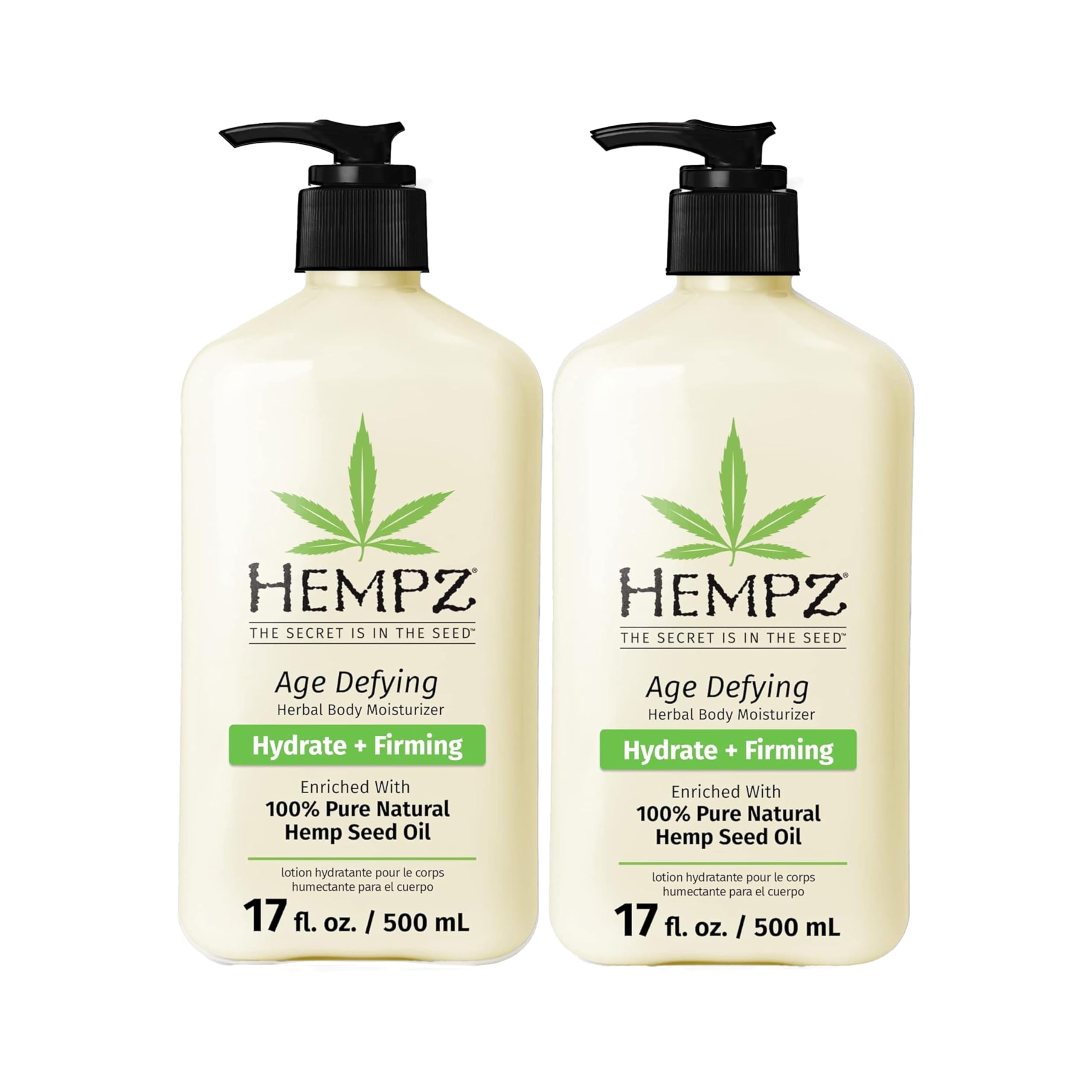 Hempz Age Defying bottle close-up highlighting deep hydration for daily skin care.