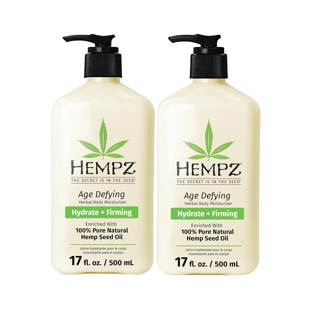 Hempz Age Defying bottle close-up highlighting deep hydration for daily skin care.