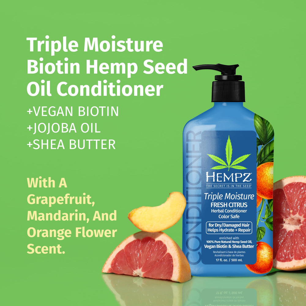 Hempz Biotin Acondicionador, detalle de etiqueta y ingredientes naturales.