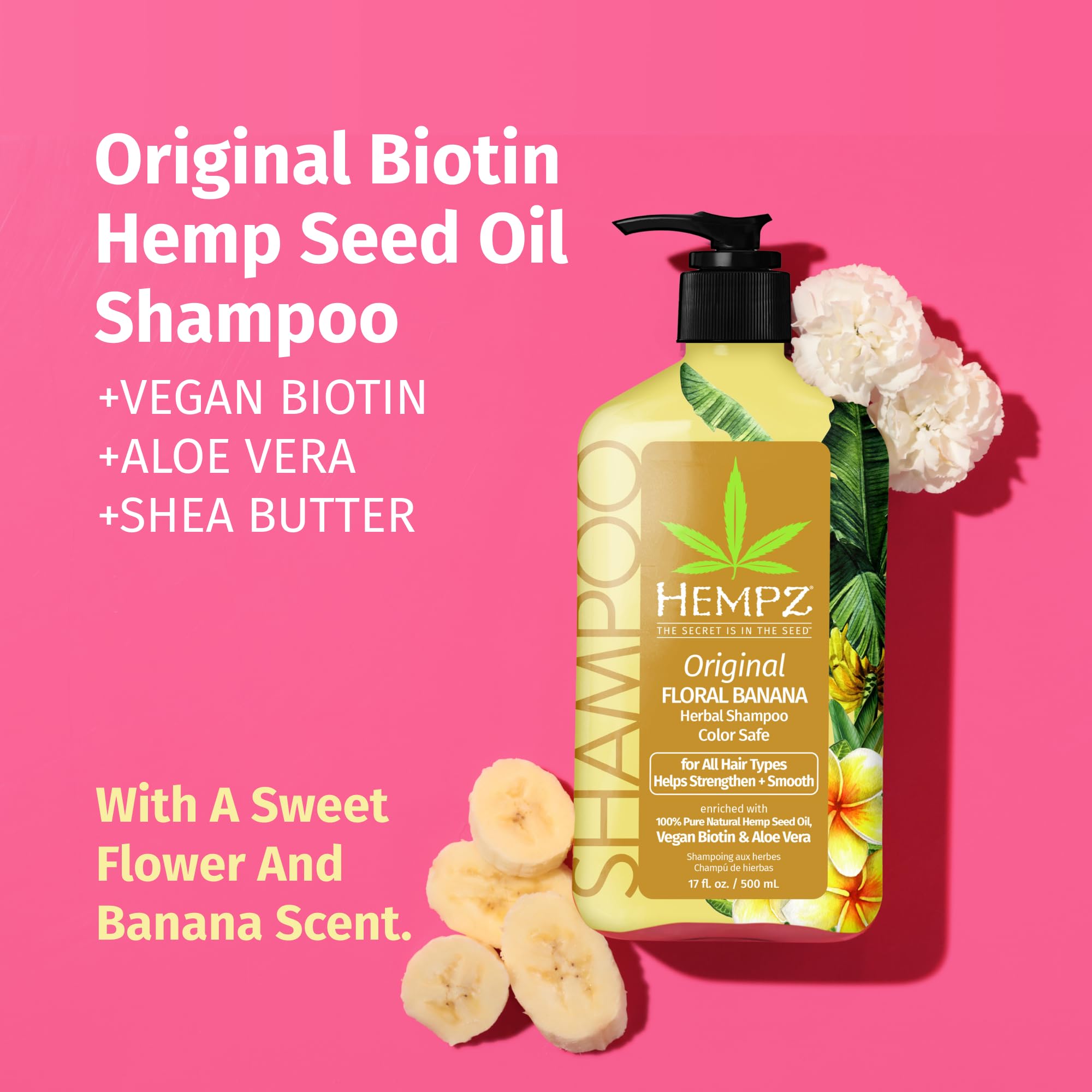 Hempz Biotin Hair Shampoo label closeup highlighting vegan, sulfate-free formula for damaged hair.