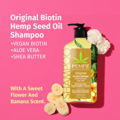 Hempz Biotin Hair Shampoo label closeup highlighting vegan, sulfate-free formula for damaged hair.