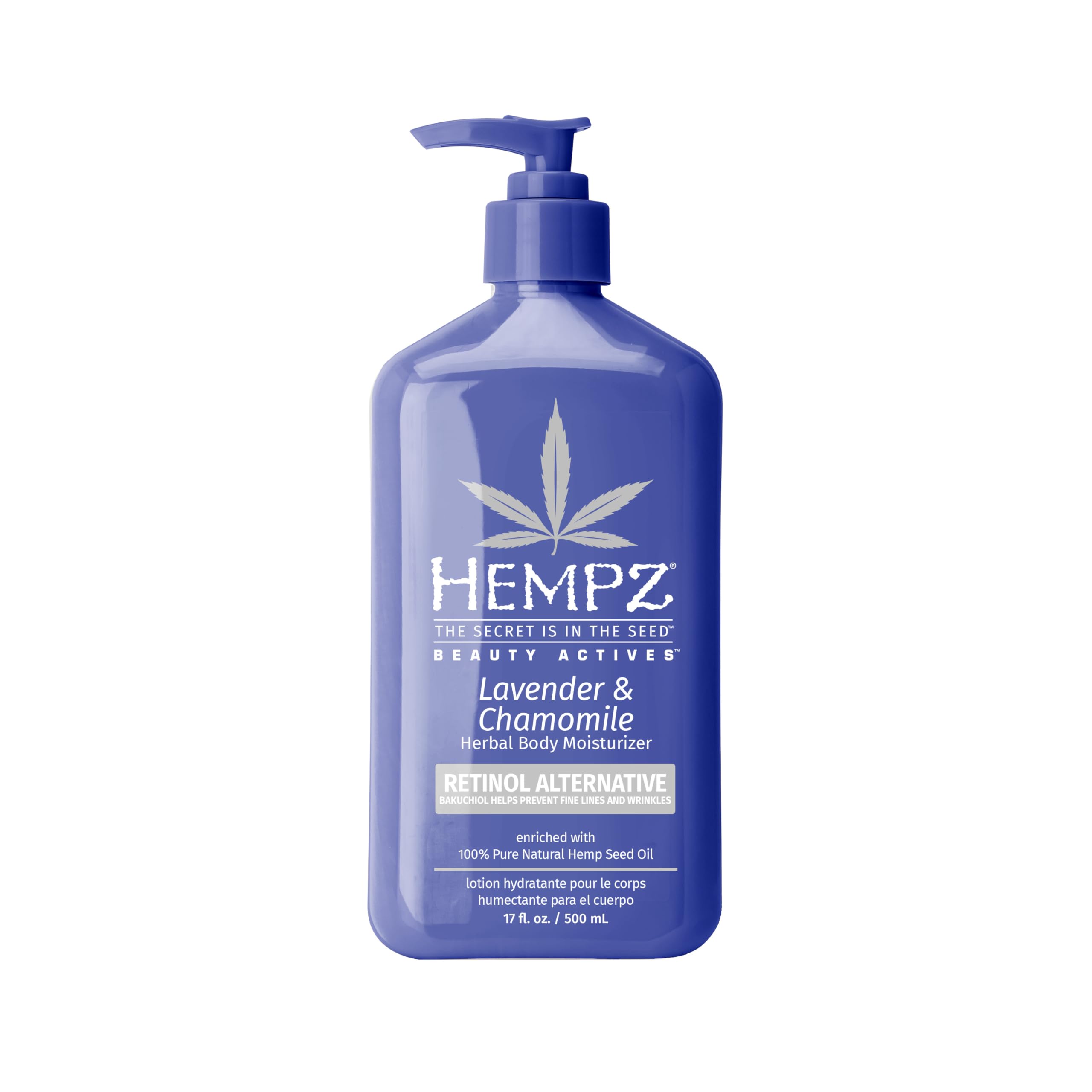 Hempz Lavender & Chamomile lotion bottle shows creamy hydration and calming scent.
