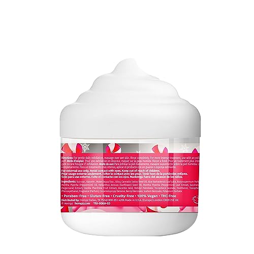 Hempz Candy Cane Lane scrub jar label highlights hemp seed oil benefits for soft, smooth skin