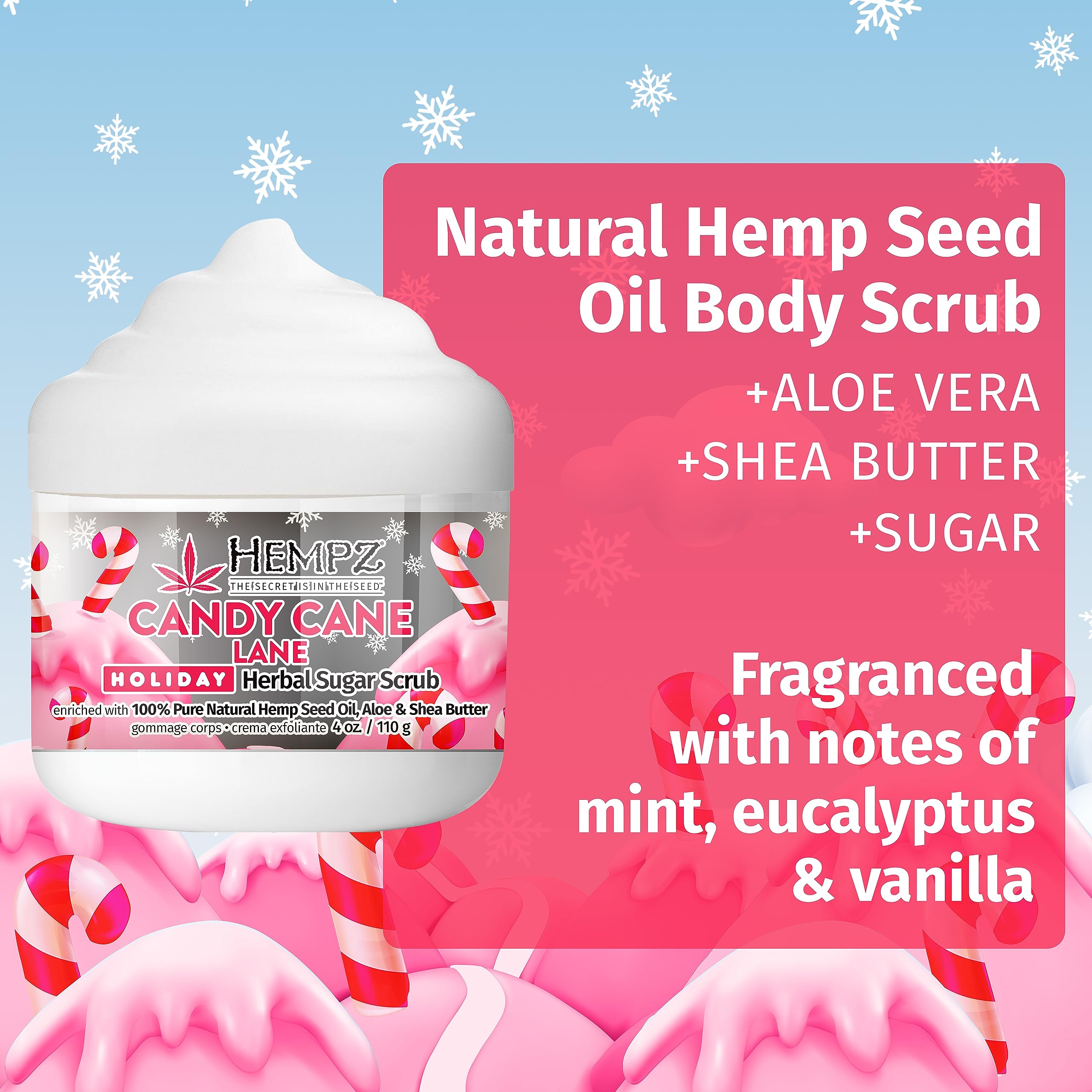 Hempz Candy Cane Lane scrub being applied to skin for exfoliation and refreshed feel