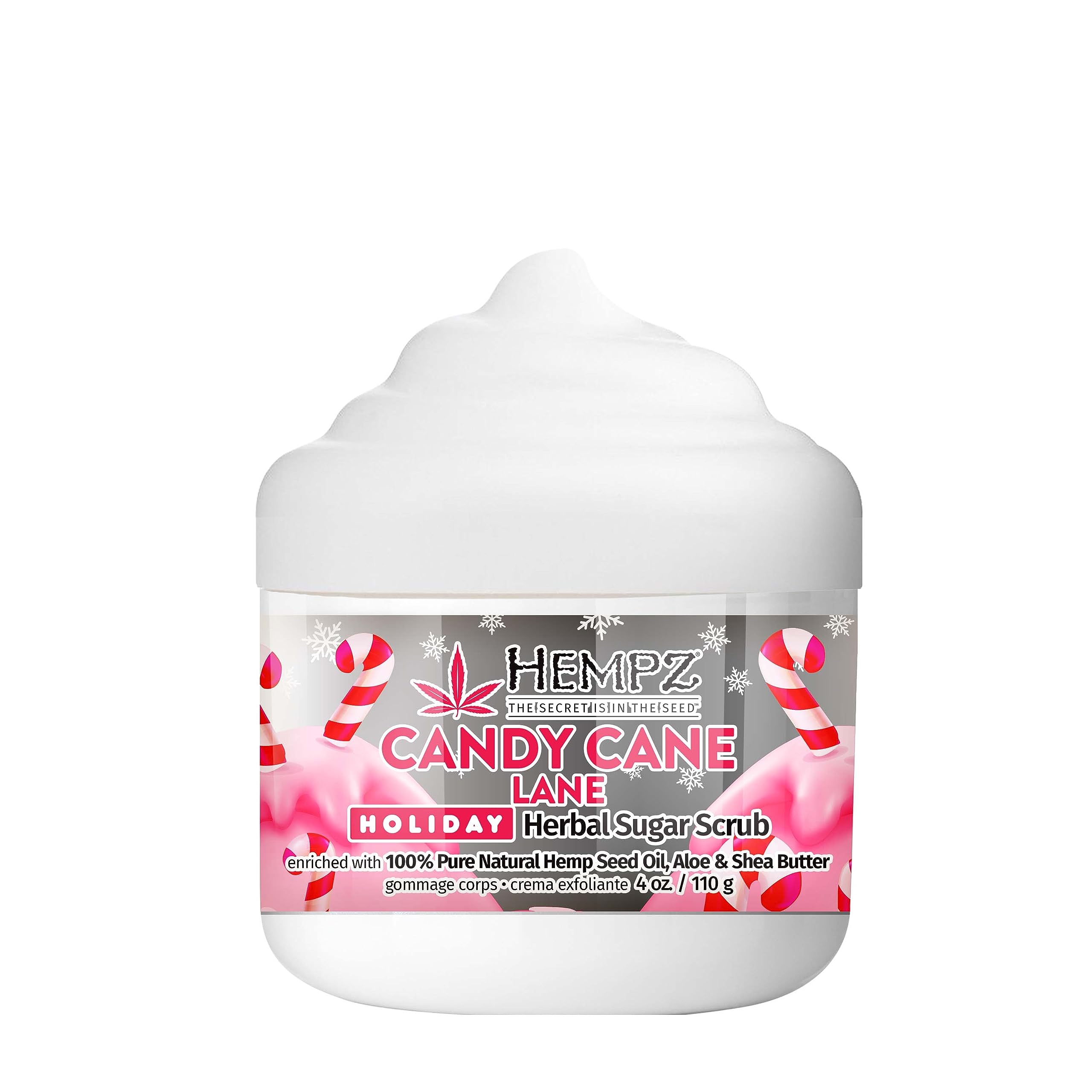 Hempz Candy Cane Lane scrub tub showing festive scent for holiday shower rituals