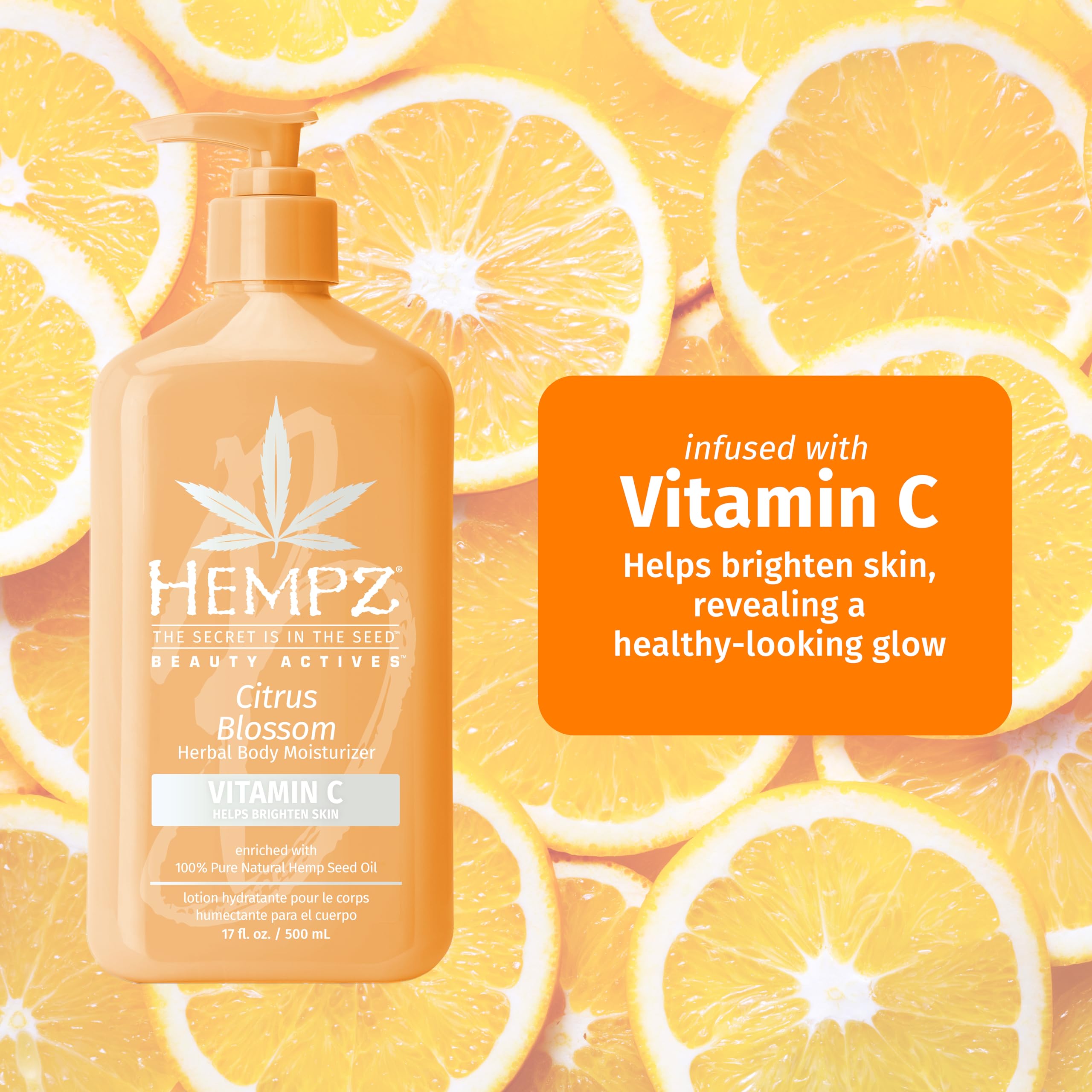 Hempz Citrus Blossom label closeup highlights vitamin C and natural extracts.