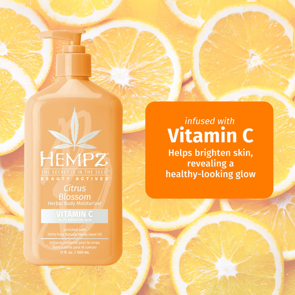 Hempz Citrus Blossom label closeup highlights vitamin C and natural extracts.