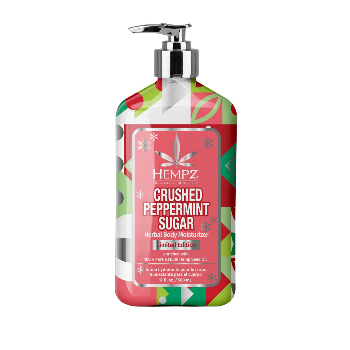 Hempz Crushed Peppermint Sugar Lotion bottle highlights festive packaging for daily hydration.