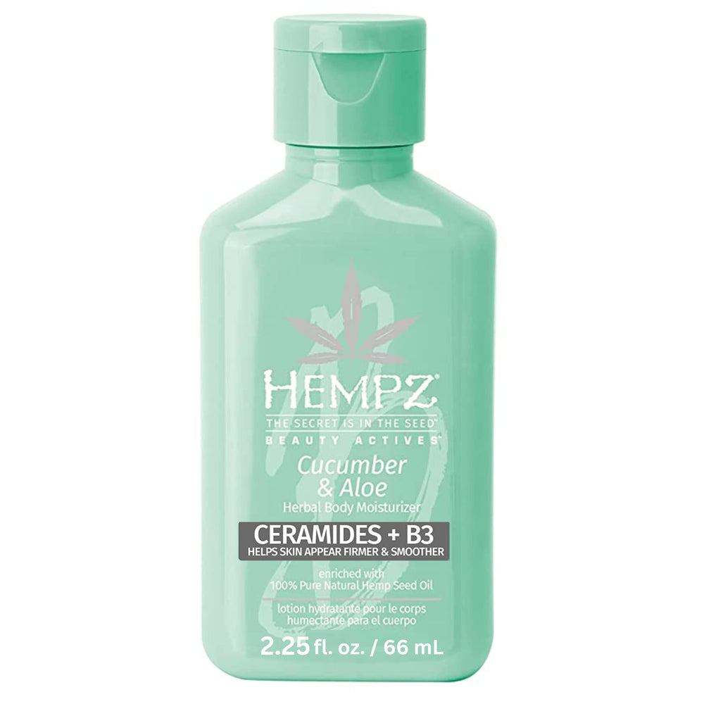 Hempz cucumber aloe mini bottle pour promotes quick hydration during travel