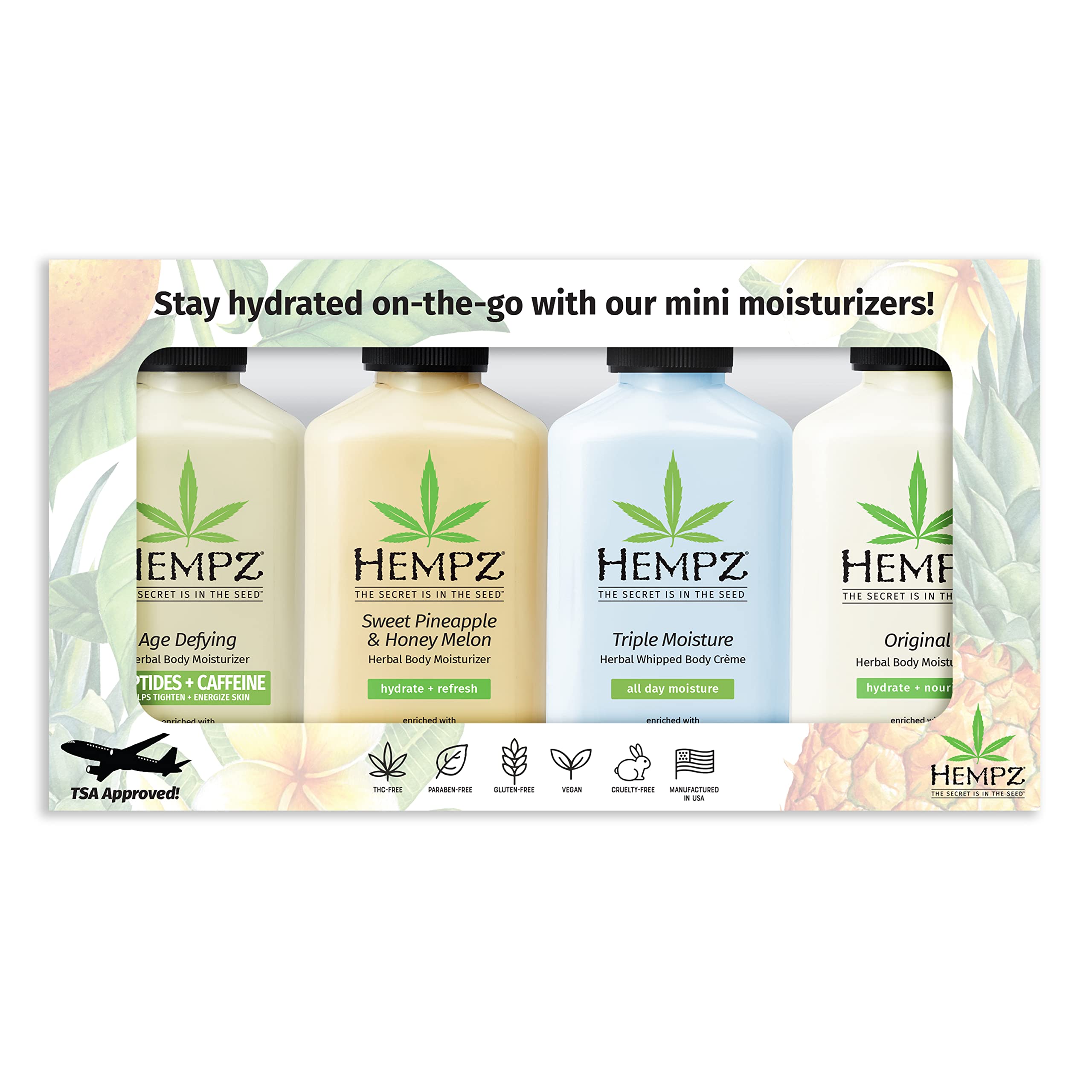 Hempz Everyday Favorities mini lotion set featuring Sweet Pineapple Honeymelon for travel hydration.