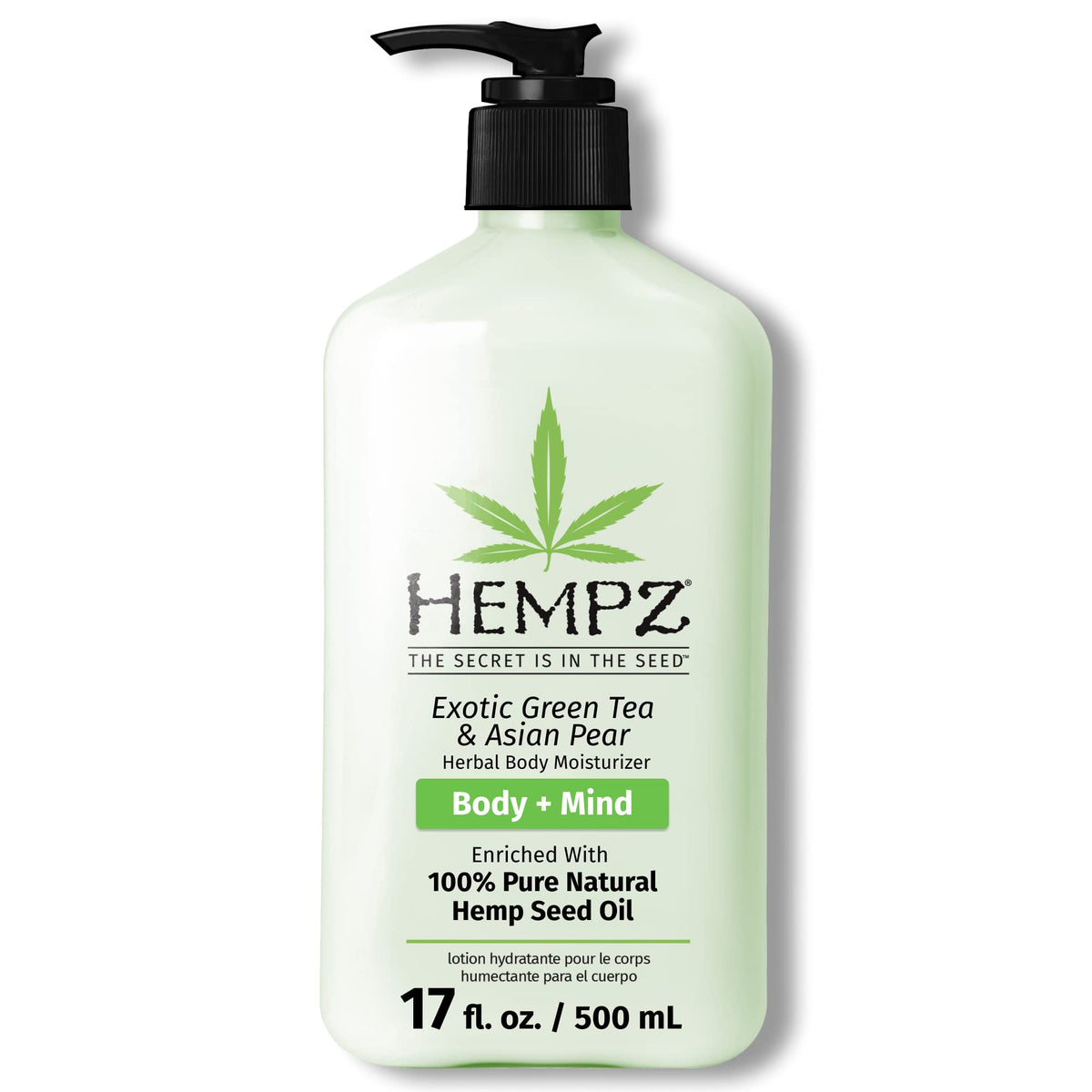 Hempz Green Tea & Asian Pear lotion pump image shows fast absorption and light moisture.