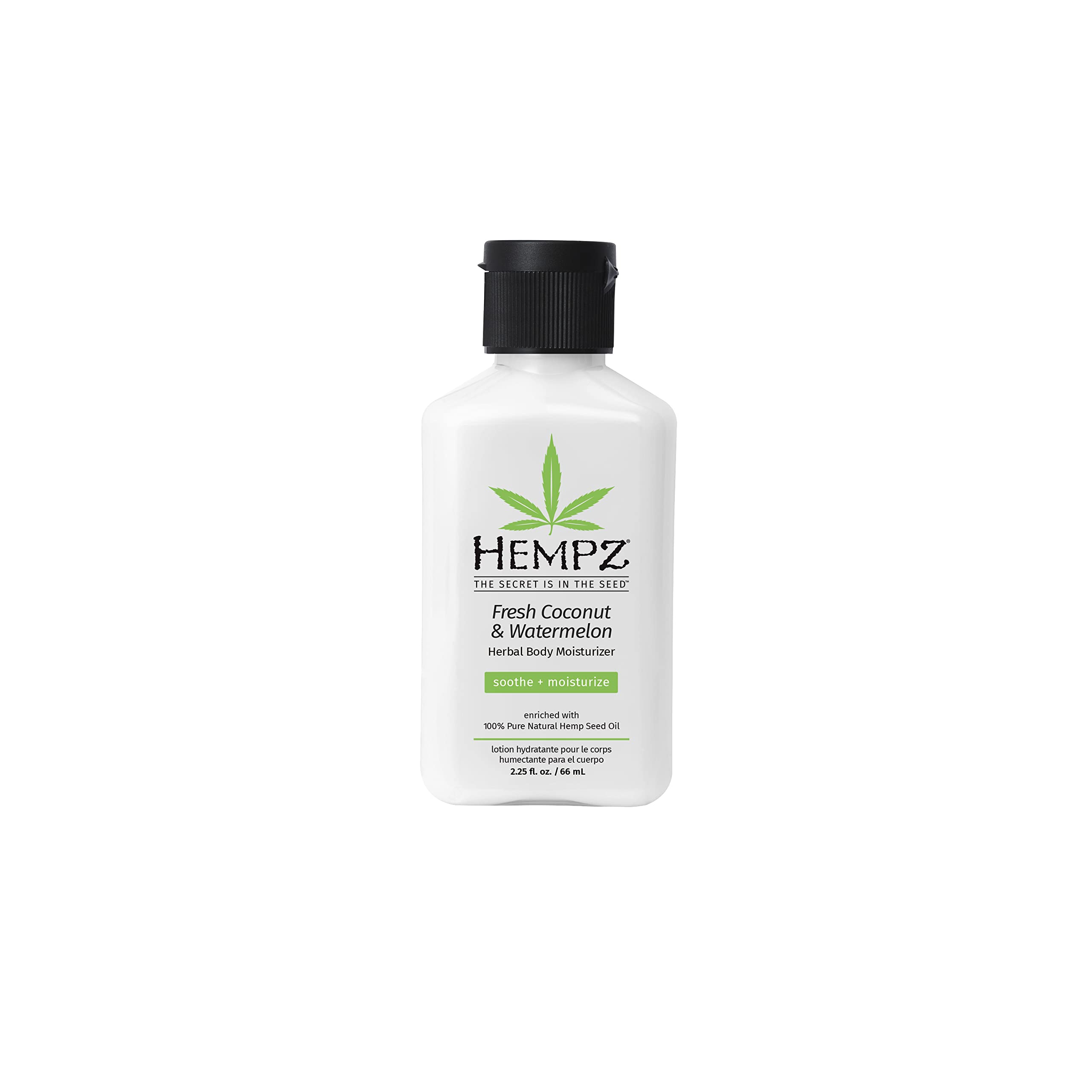 Hempz Herbal Body Moisturizer Pearl White bottle for daily hydration with hemp seed oil.