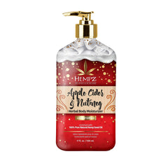 Hempz limited edition apple cider-nutmeg lotion bottle highlights hydrating formula.