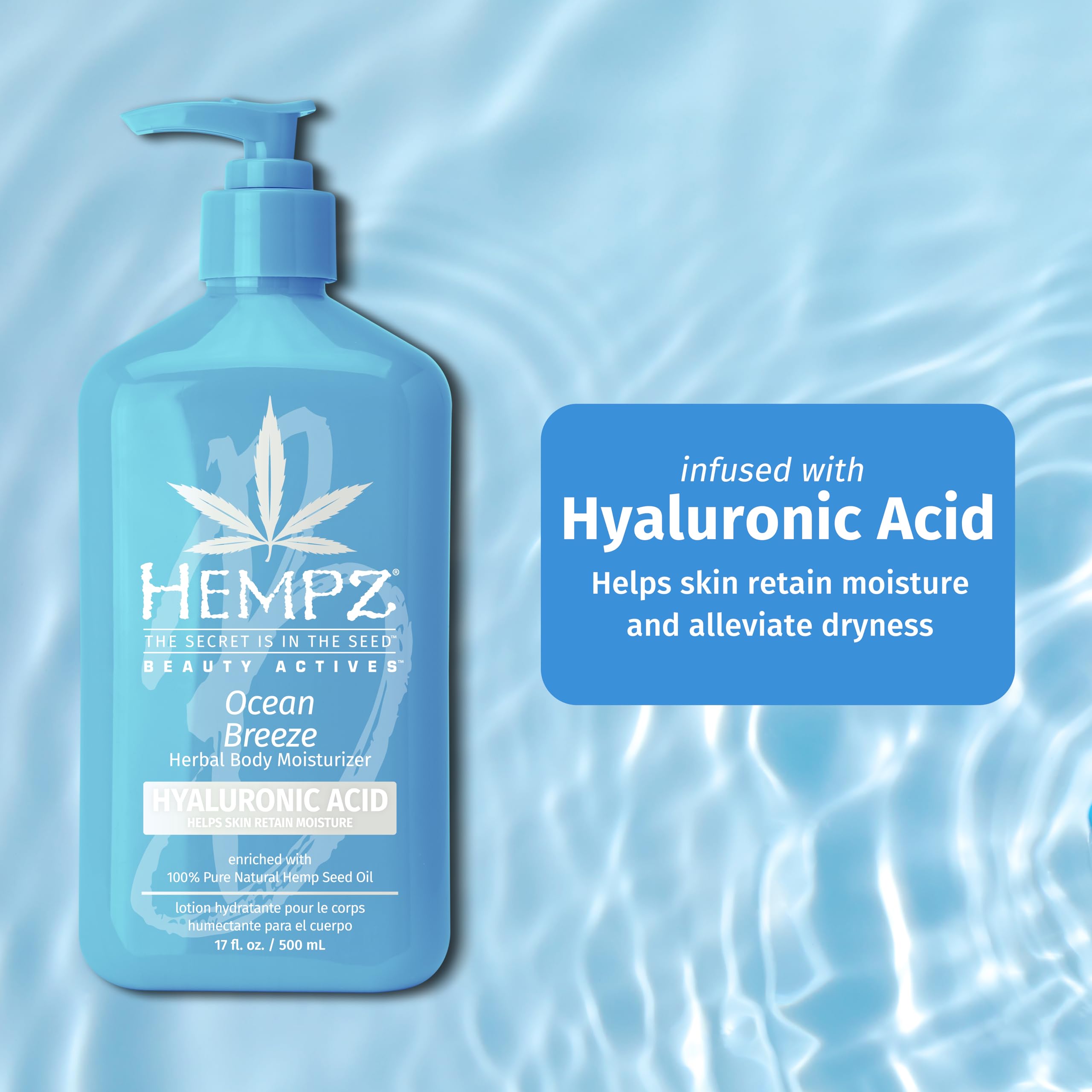 Hempz Ocean Breeze lotion with hemp seed oil supports skin nourishment and softness.