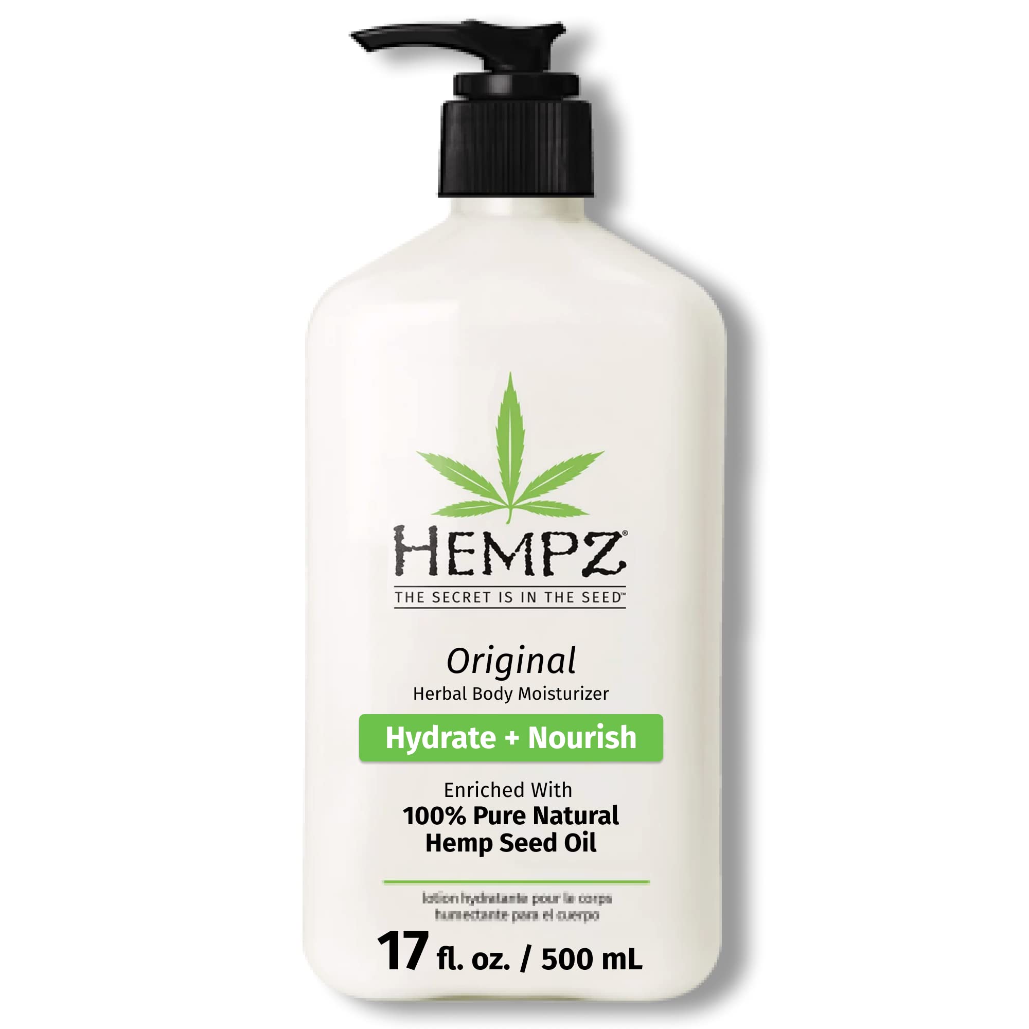Hempz Original bottle pour demonstrates lightweight hydration for smooth, non-greasy skin.