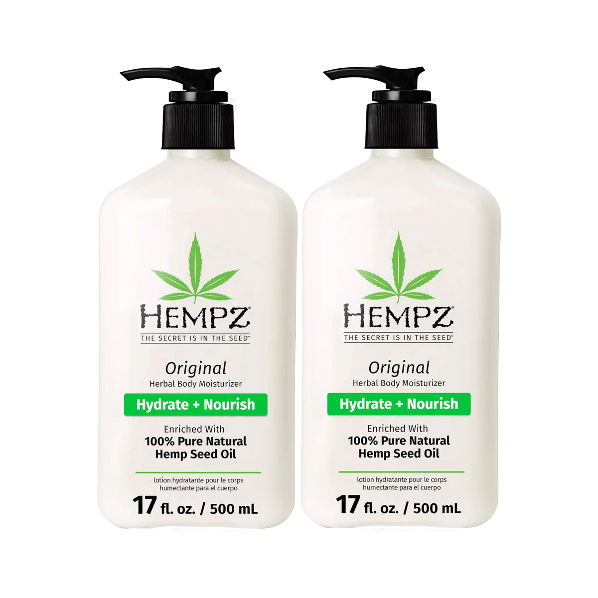 Hempz Original bottle showcases hemp-seed-oil formula for deep hydration.