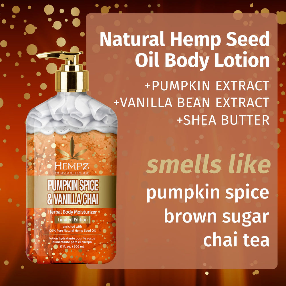 Hempz Pumpkin Spice Vanilla Chai lotion texture swatch shows fast absorption and lasting moisture.