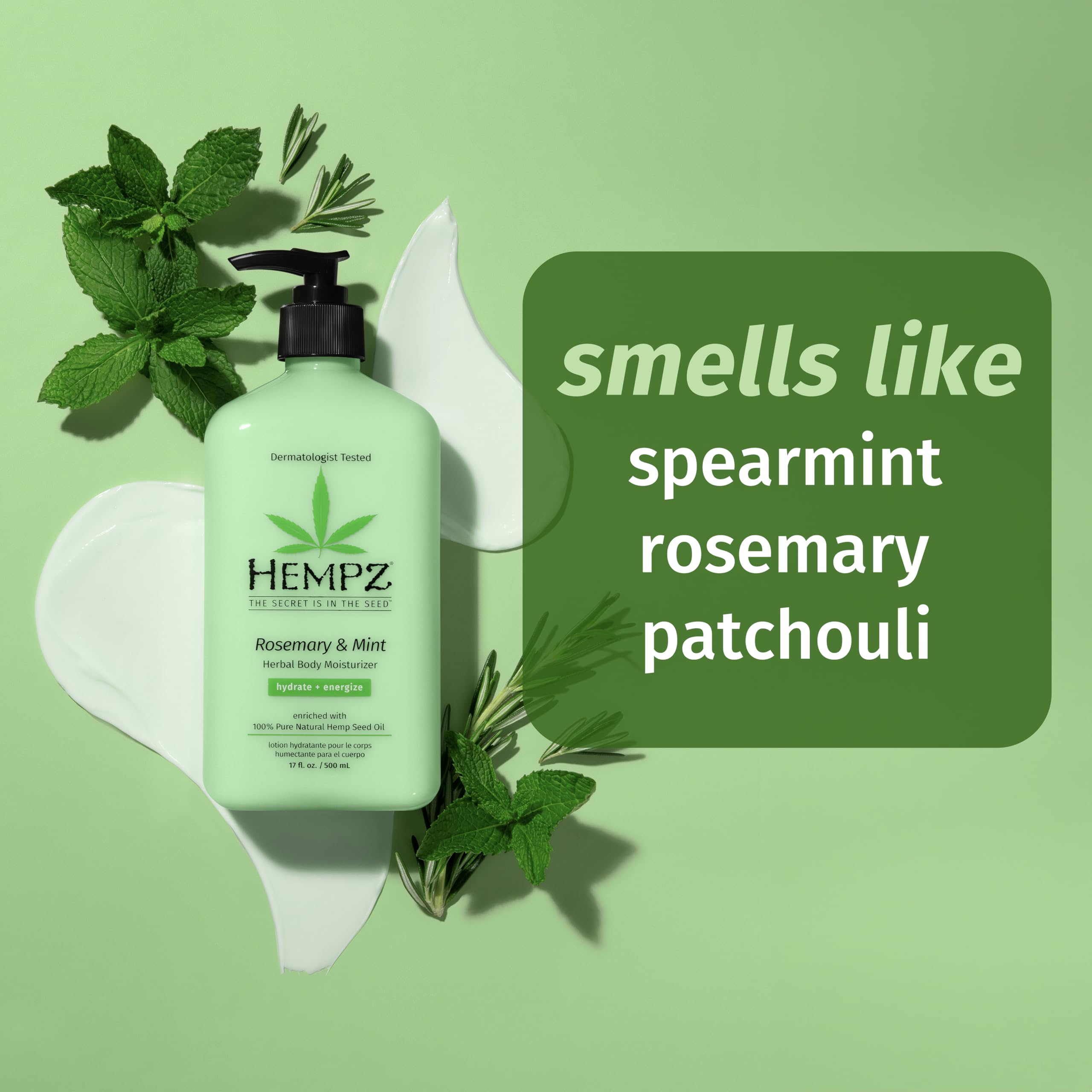 Hempz rosemary mint bottle with ingredients panel emphasizing shea butter and vitamin C
