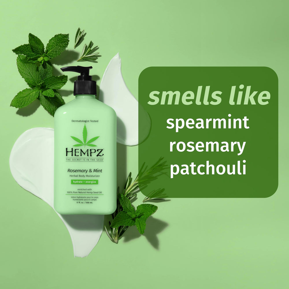 Hempz rosemary mint bottle with ingredients panel emphasizing shea butter and vitamin C