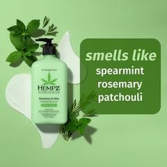 Hempz rosemary mint bottle with ingredients panel emphasizing shea butter and vitamin C