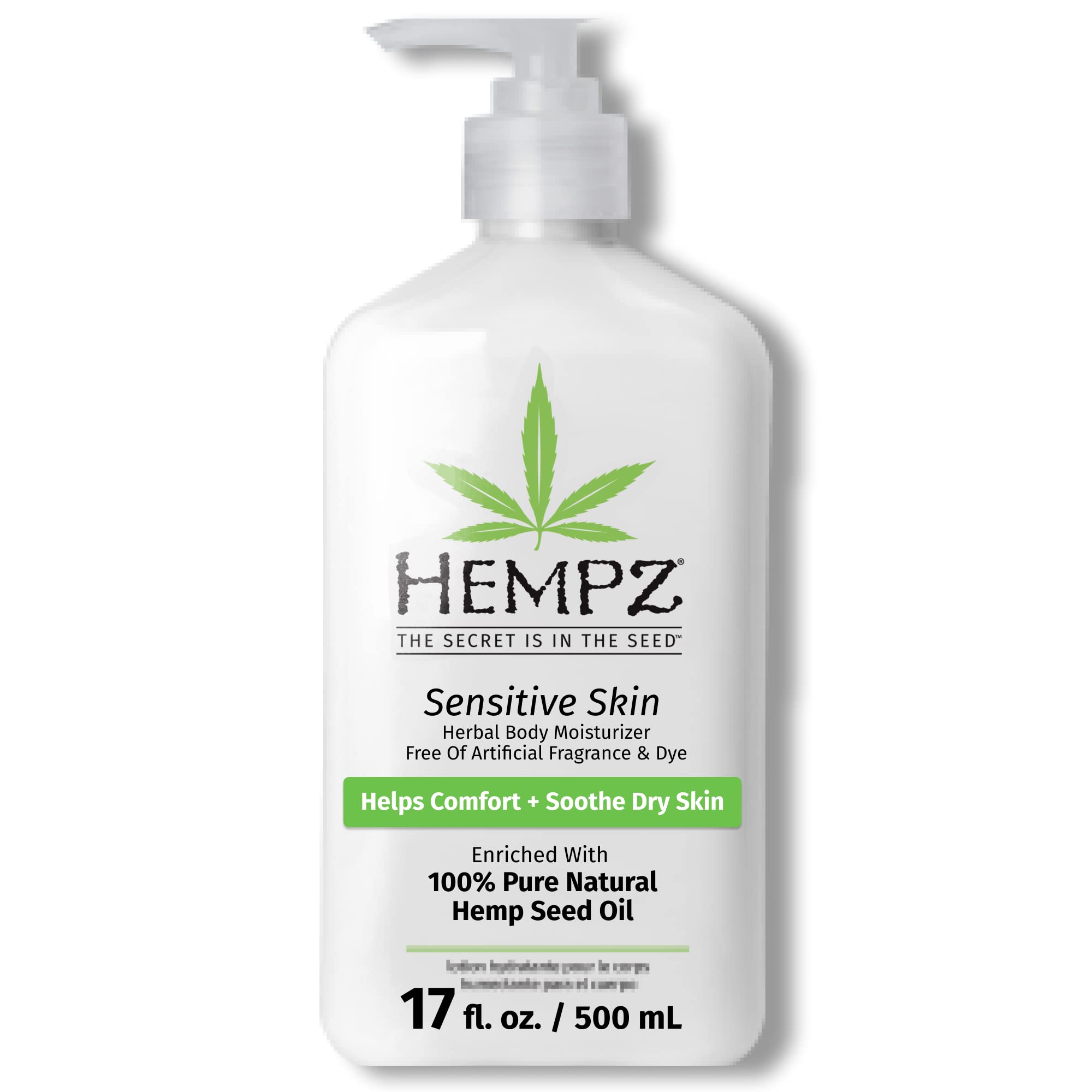 Hempz Sensitive Skin Moisturizer bottle showing fragrance-free hydration for sensitive skin